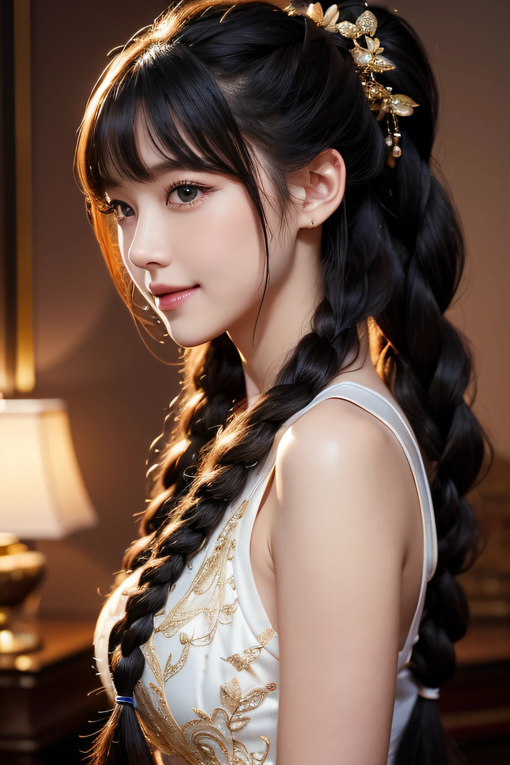 (CG 8k wallpaper extremely detailed, masutepiece, Best Quality, Ultra-detailed), (better lighting, better shadows, Extremely delicate and beautiful), floating, High color saturation, Dynamic Angle, ((1girl in)), Gorgeous, Ning Guang(Orchid Evening Dresses) Black hair, (Curly hair in braids、poneyTail)、Black eyes, Very long hair, Hair Ornament, Bangs、With smiling eyes、masterpiece, top-quality, The ultra -The high-definition, hight resolution
