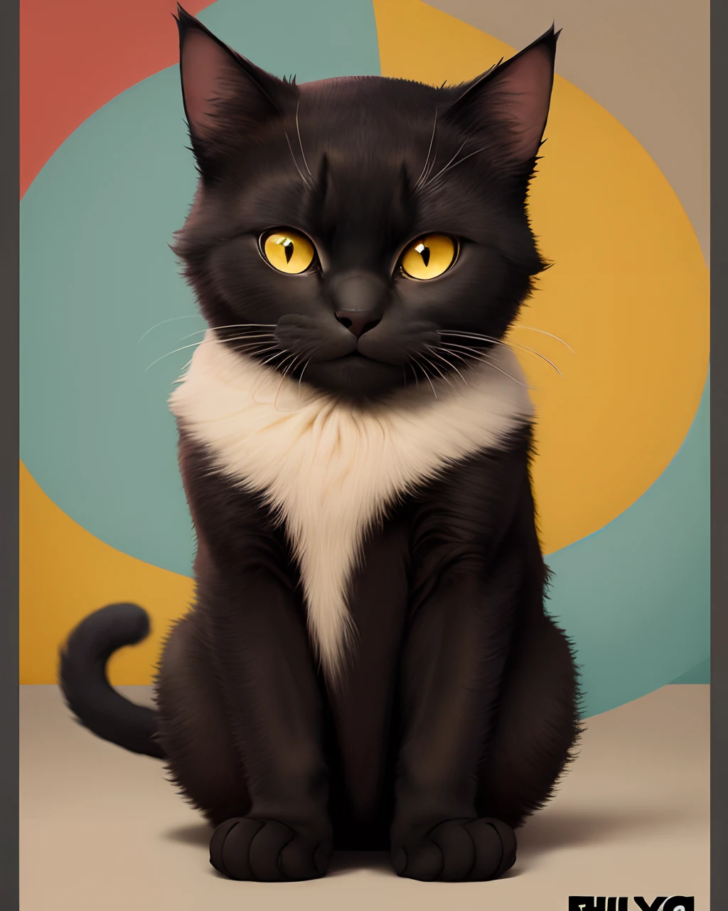 Pixar poster of a black cat with yellow eyes and a round face with the title "Billy'"