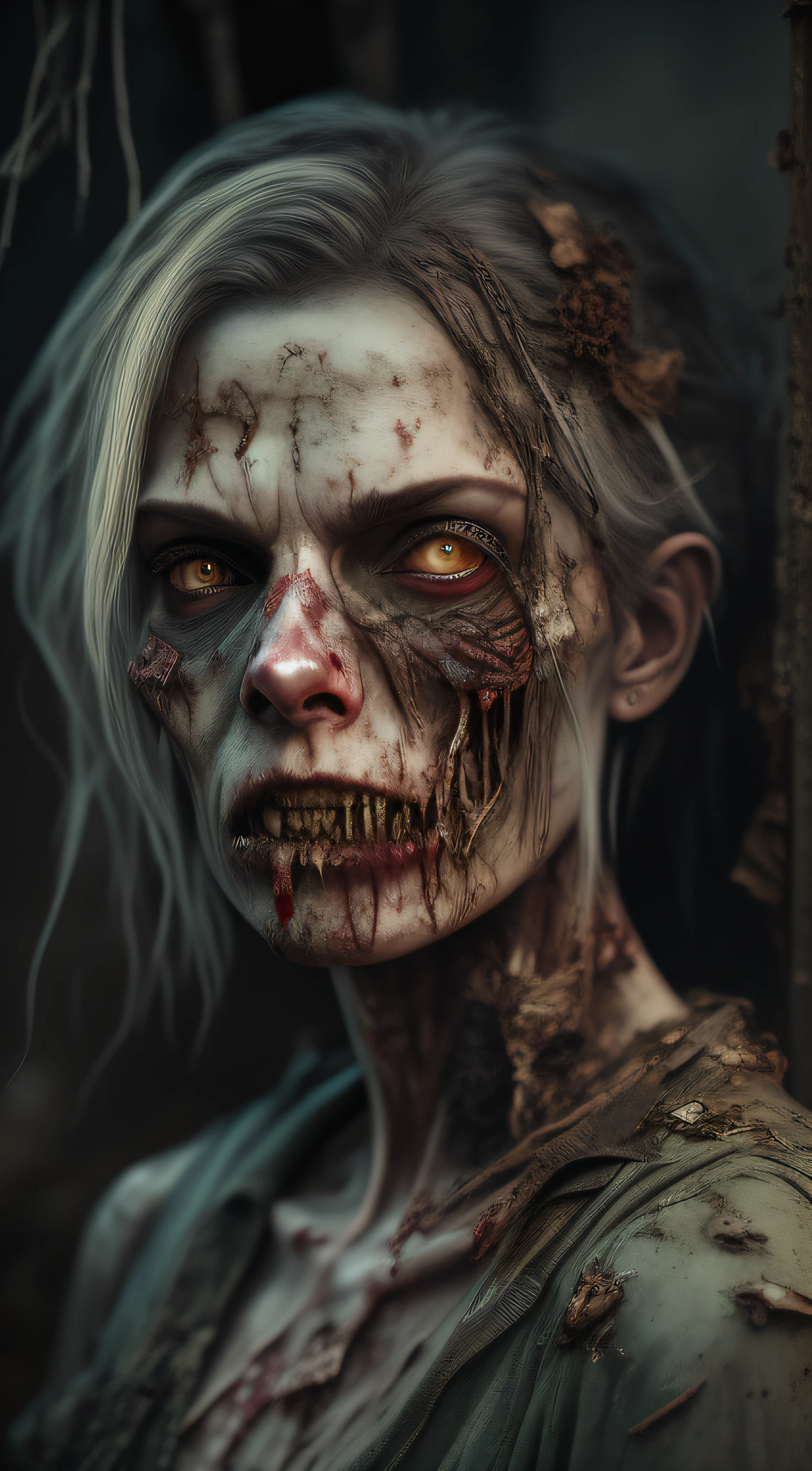 zombie, tattered ruined clothes, dead rotting skin on the face, dirty muddy hair, extremely detailed dried rotting peeling dead skin, malnourished woman, blind, wide angle, detailed environment, detailed background, highly detailed, intricate, detailed skin, natural colors, professionally color graded, photorealism, 8k, moody lighting, art by George Pfau
