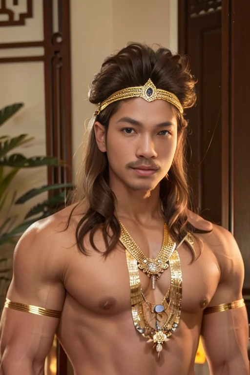 masuter piece、well built、jefri nichol a javanese Male、、Hot Guy、lite moustache, muscular、macho、wearing majapahit kingdom costume, gold head band, gold shoulder band, gold necklace, gold crown, hair bund,  long-haired、Fade Cut、bodybuilder, Large body、low angles、Real texture、wear sarong batik,