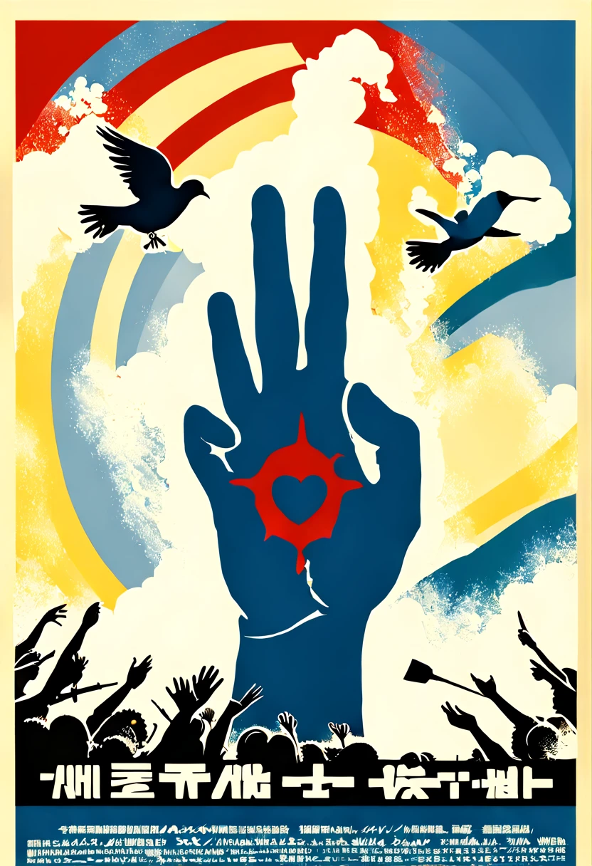 (An anti-war poster: 1.8)，In the center was a shattering bullet，It was surrounded by broken weapons and exploding fire。War brings nothing but suffering and destruction，Let's fight against war together，Cherish peace。The poster has a large hand on it，There is a small mudra in the palm of the hand，It symbolizes the protection of children。The other handprint is on the heart area，Symbolizes the protection of women。Together, let us build a protective wall for children and women，Stay away from the harm of war。The poster features a dove of peace，It holds an olive branch，Spread your wings and fly。It is surrounded by blue sky, white clouds and green mountains and green waters，A symbol of a peaceful world, (American movie poster: 1.2),  (American comics)