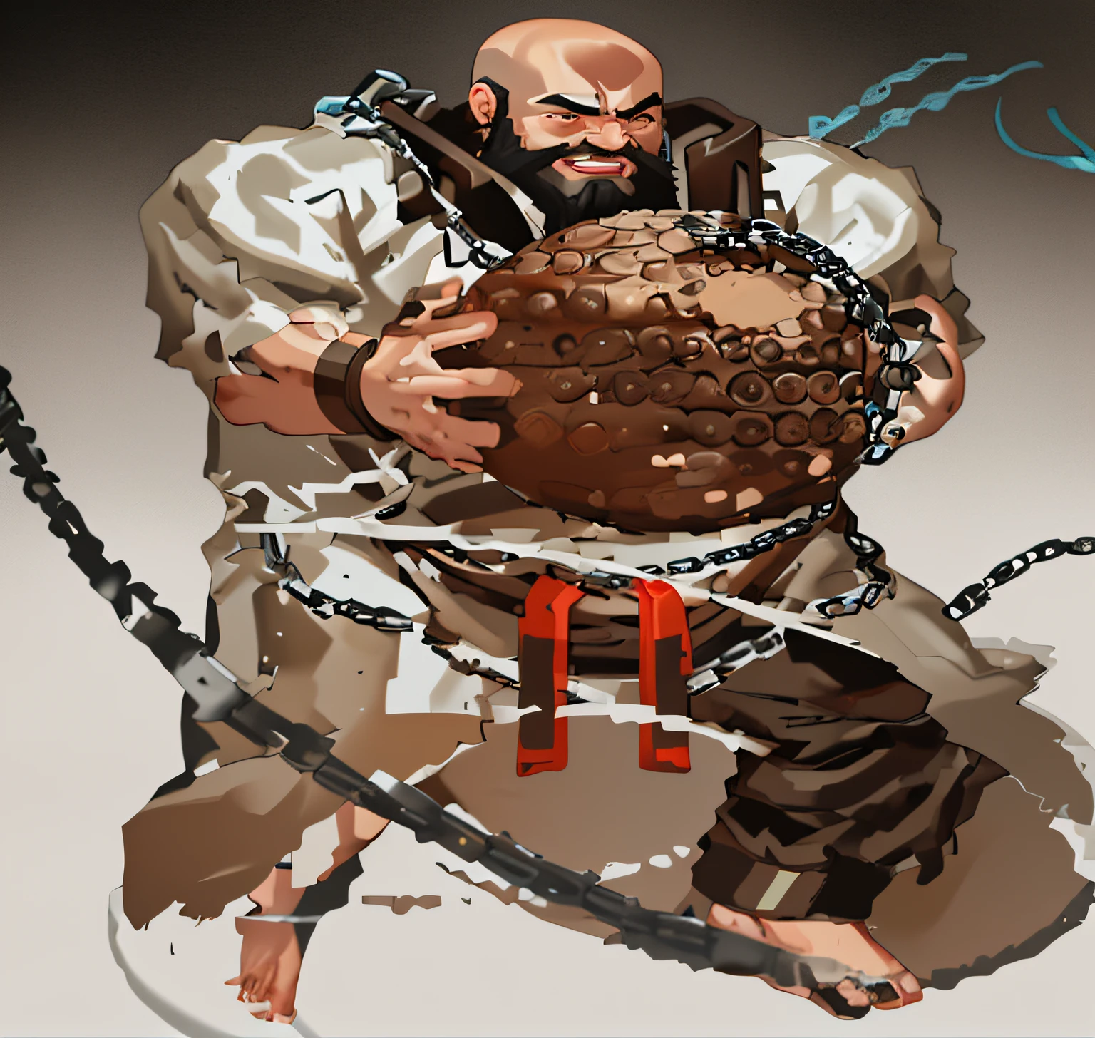 (1boy),solo,chain,bald,barefoot,dougi,(beard:1.1),facial hair,black hair,muscular,standing,white background,brown eyes,