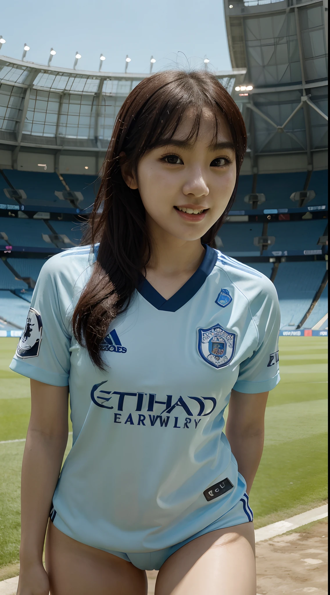 Korean girl in Man City football kit,gaping, sexy youthful, Pose freely, 16K resolution. ultra hd, round face, high nose, small mouth, big eyes, beautiful details, Surrealism, Smile, sleek, Suggestive, slender figure, In the stadium, Detail image, Surreal
