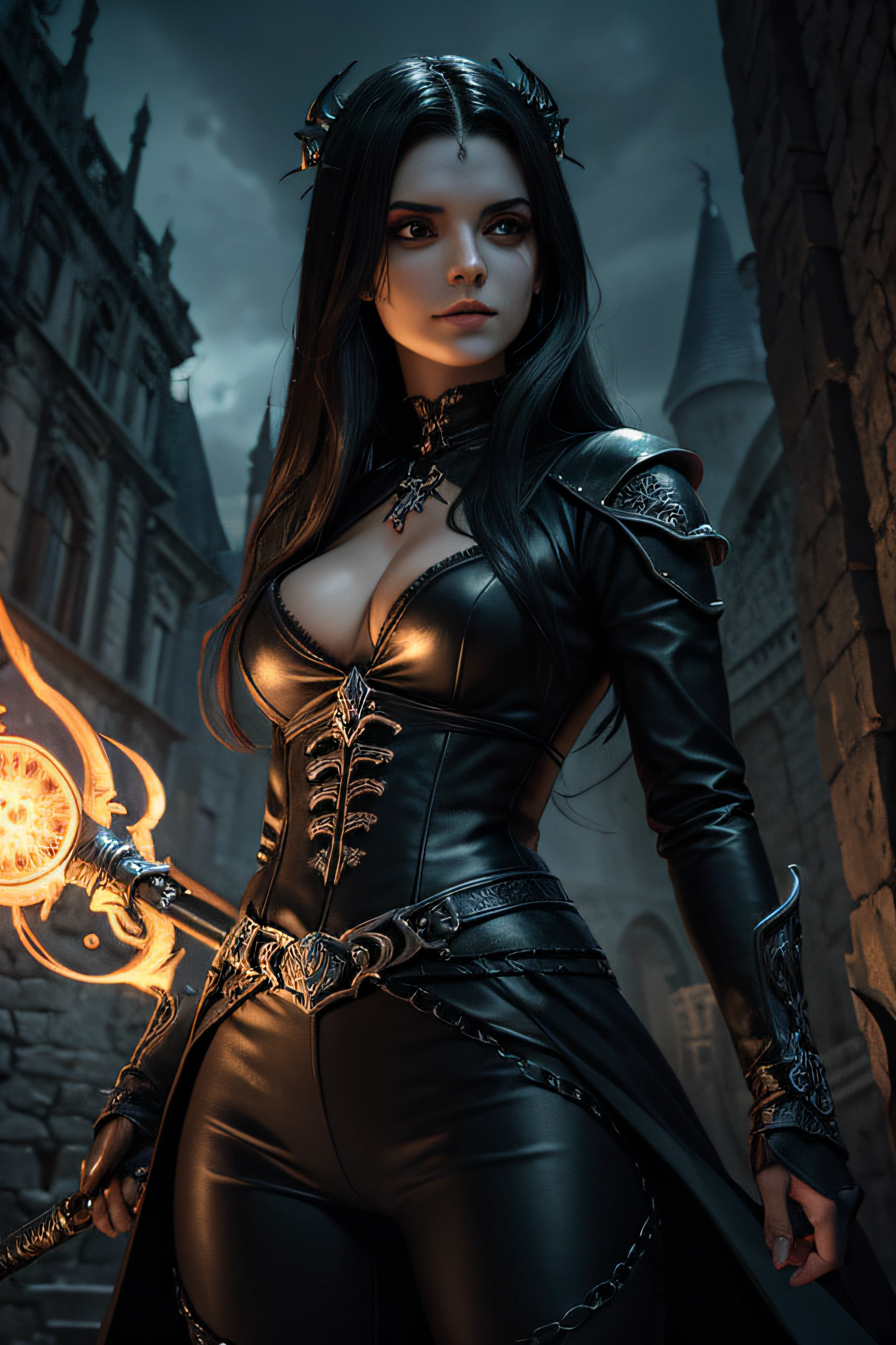 There's a woman with a scythe in front of a castle, Feiticeira necromante, Mago morto-vivo, necromante feminino, Mago lutando contra um ghoul, personagem bruxa escura, imagem de estilo fantasia de luta, Retrato de um necromante feminino, pintado no estilo arcano, Necromante bonito, pose de spellcasting,lido rosto,peitos grandes ultra realista,melhor qualidade