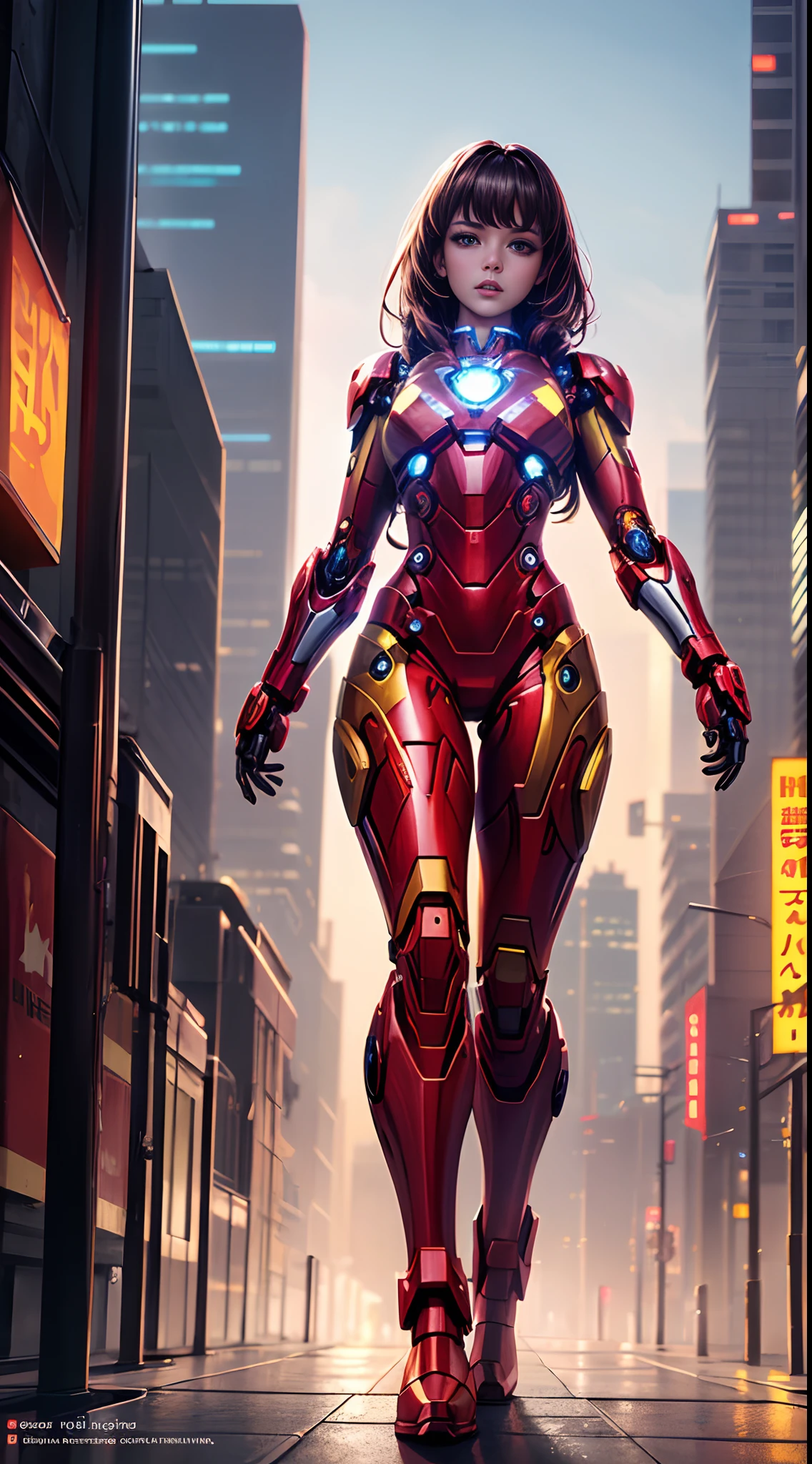 8k, realistic, attractive, highly detailed, a 20 year old girl a sexy and attractive afro woman inspired by Iron Man wearing a shiny Iron Man mech. She dresses with sexiness and confidence, perfectly interpreting Iron Man's strength and charisma. In a cyberpunk-style city night scene, a sexy and attractive woman takes Iron Man's cosplay as the theme. Wearing a shiny Iron Man mech, she stands on a street lined with tall buildings. The night lights of the city are bright, reflecting on her mecha, adding a sense of future technology. The surrounding buildings and streets are full of cyberpunk elements, such as neon lights, high-tech devices and futuristic architectural designs. The whole scene is full of futuristic and sci-fi atmosphere. This high-definition, high-quality picture will bring you stunning visual enjoyment, a perfect combination of sexy, futuristic and sci-fi elements. oc rendering, dramatic lighting, award winning quality