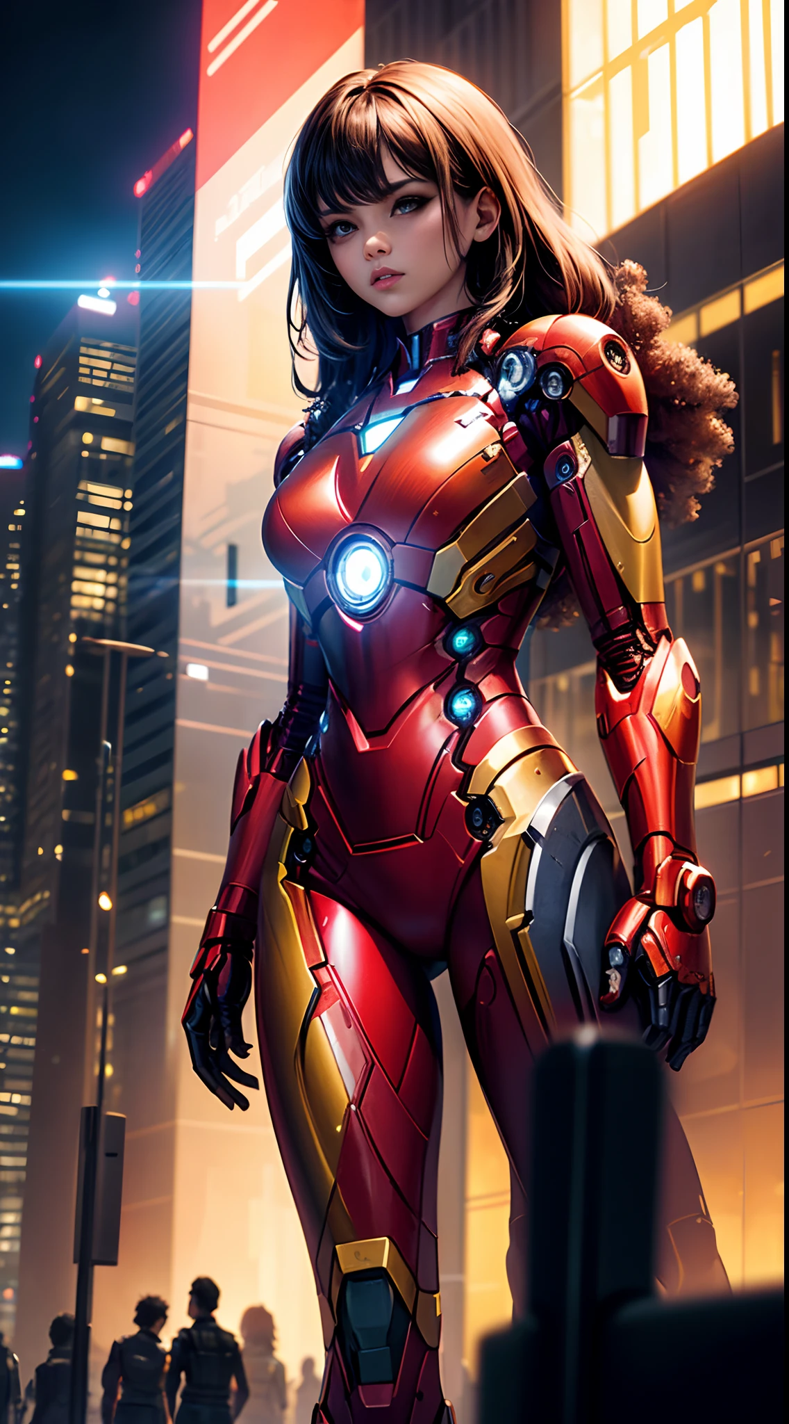 8k, realistic, attractive, highly detailed, a 20 year old girl a sexy and attractive afro woman inspired by Iron Man wearing a shiny Iron Man mech. She dresses with sexiness and confidence, perfectly interpreting Iron Man's strength and charisma. In a cyberpunk-style city night scene, a sexy and attractive woman takes Iron Man's cosplay as the theme. Wearing a shiny Iron Man mech, she stands on a street lined with tall buildings. The night lights of the city are bright, reflecting on her mecha, adding a sense of future technology. The surrounding buildings and streets are full of cyberpunk elements, such as neon lights, high-tech devices and futuristic architectural designs. The whole scene is full of futuristic and sci-fi atmosphere. This high-definition, high-quality picture will bring you stunning visual enjoyment, a perfect combination of sexy, futuristic and sci-fi elements. oc rendering, dramatic lighting, award winning quality