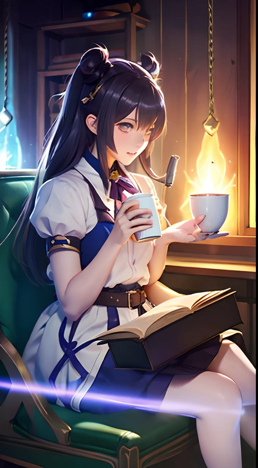 Anime girl sitting on chair with coffee cup in hand, alchemist girl, Light Novel Cover Art, Official art, epic light novel art cover, official artwork, epic light novel cover art, Lori, Isekai, Small curved ****, Kshat Krenz, Kshat Krenz Key Art Feminine, shadowverse style, Moe Dwarf,