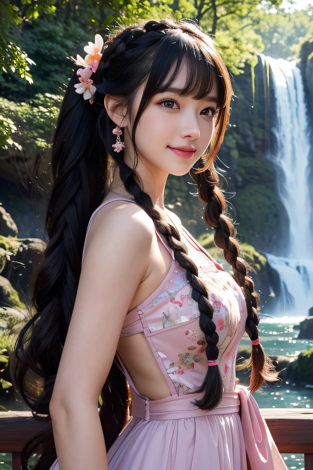 (CG 8k wallpaper extremely detailed, masutepiece, Best Quality, Ultra-detailed), (better lighting, better shadows, Extremely delicate and beautiful), floating, High color saturation, Dynamic Angle, ((1girl in)), Gorgeous, Ning Guang(Orchid Evening Dresses) Black hair、(Curly hair in braids、poneyTail)、Black eyes, Very long hair, Hair Ornament, Bangs、With smiling eyes、​masterpiece, top-quality, The ultra -The high-definition, hight resolution、In front of a large waterfall in the forest