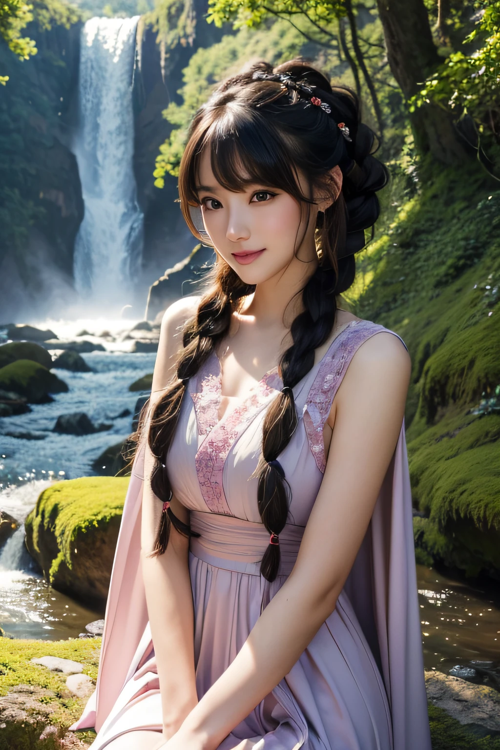 (CG 8k wallpaper extremely detailed, masutepiece, Best Quality, Ultra-detailed), (better lighting, better shadows, Extremely delicate and beautiful), floating, High color saturation, Dynamic Angle, ((1girl in)), Gorgeous, Ning Guang(Orchid Evening Dresses) Black hair、(Curly hair in braids、poneyTail)、Black eyes, Very long hair, Hair Ornament, Bangs、With smiling eyes、masterpiece, top-quality, The ultra -The high-definition, hight resolution、In front of a large waterfall in the forest