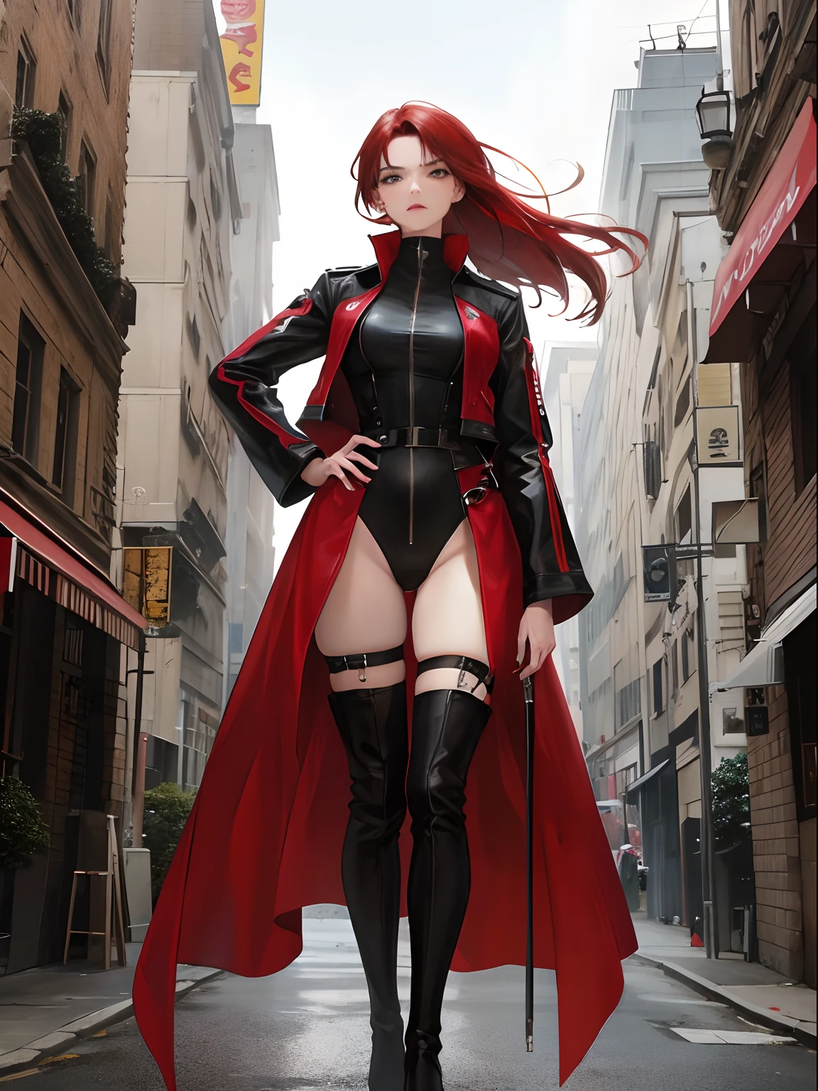 (highest resolution, distinct_image) Best quality, female, solo, masterpiece, highly detailed, semi-realistic, red hair, grey eyes, bangs, 18 years old, young, tall strong, black and red leotard, deserted building background, cold, serious, tall, handsome, dictatorial, powerful, exquisite facial features, exquisite facial features, thigh-high boots, hands on hip, perfect hands