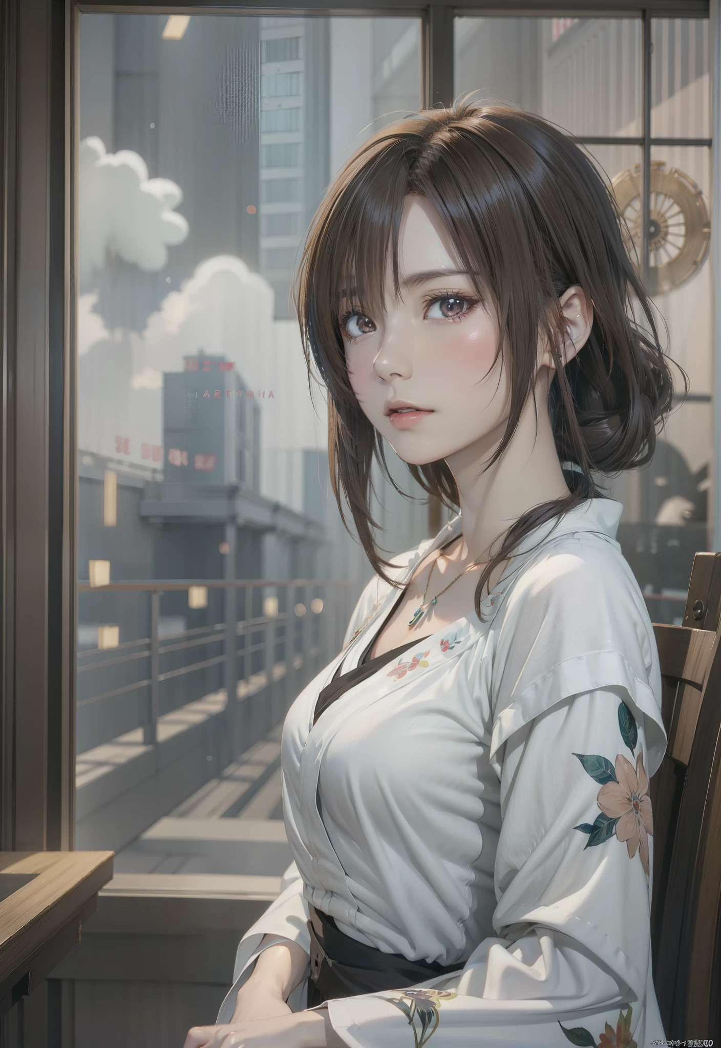 Final Fantasy (Yuna) Anime girl with brown hair and necklace in white kimono dress, beautiful character painting, Soft Anime CG Art, Realistic anime art style, Beautiful Anime Portrait, beautiful anime woman, Photorealistic anime girl rendering, Makoto Shinkai and ArtGerm, Realistic 3D anime style, Anime Realism Style,  digital art in anime style, Beautiful anime girl