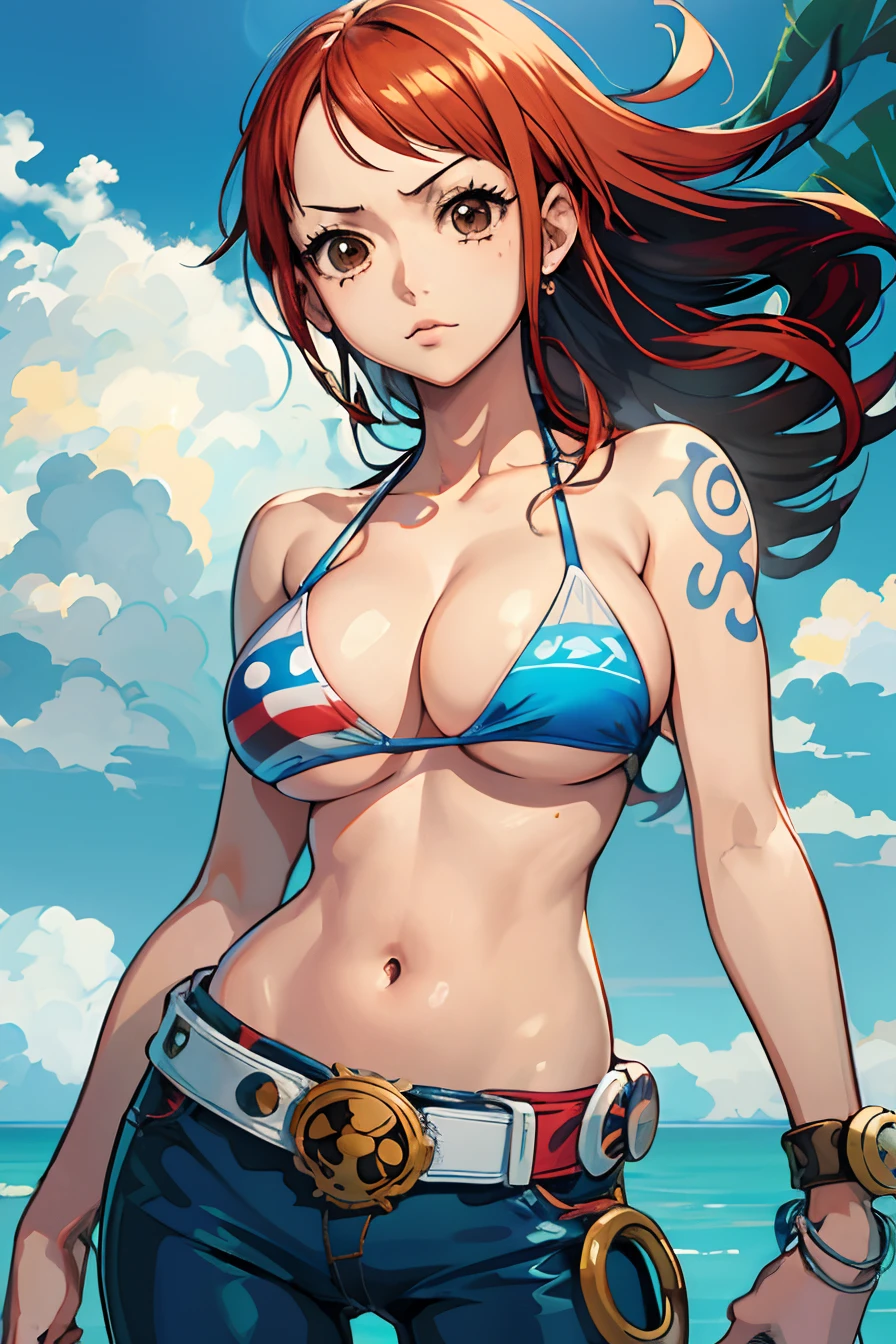 a close up of a cartoon of a woman in a bikini, In the one piece, Nos, Retrato bonito de Nami, In the of a piece, one piece, from one piece, Artgerm extremamente detalhado, Directed by: Yoshihiko Wada, Directed by: Kentaro Miura, roupa de banho, arte de anime limpa e detalhada, arte de anime digital detalhada, monokini