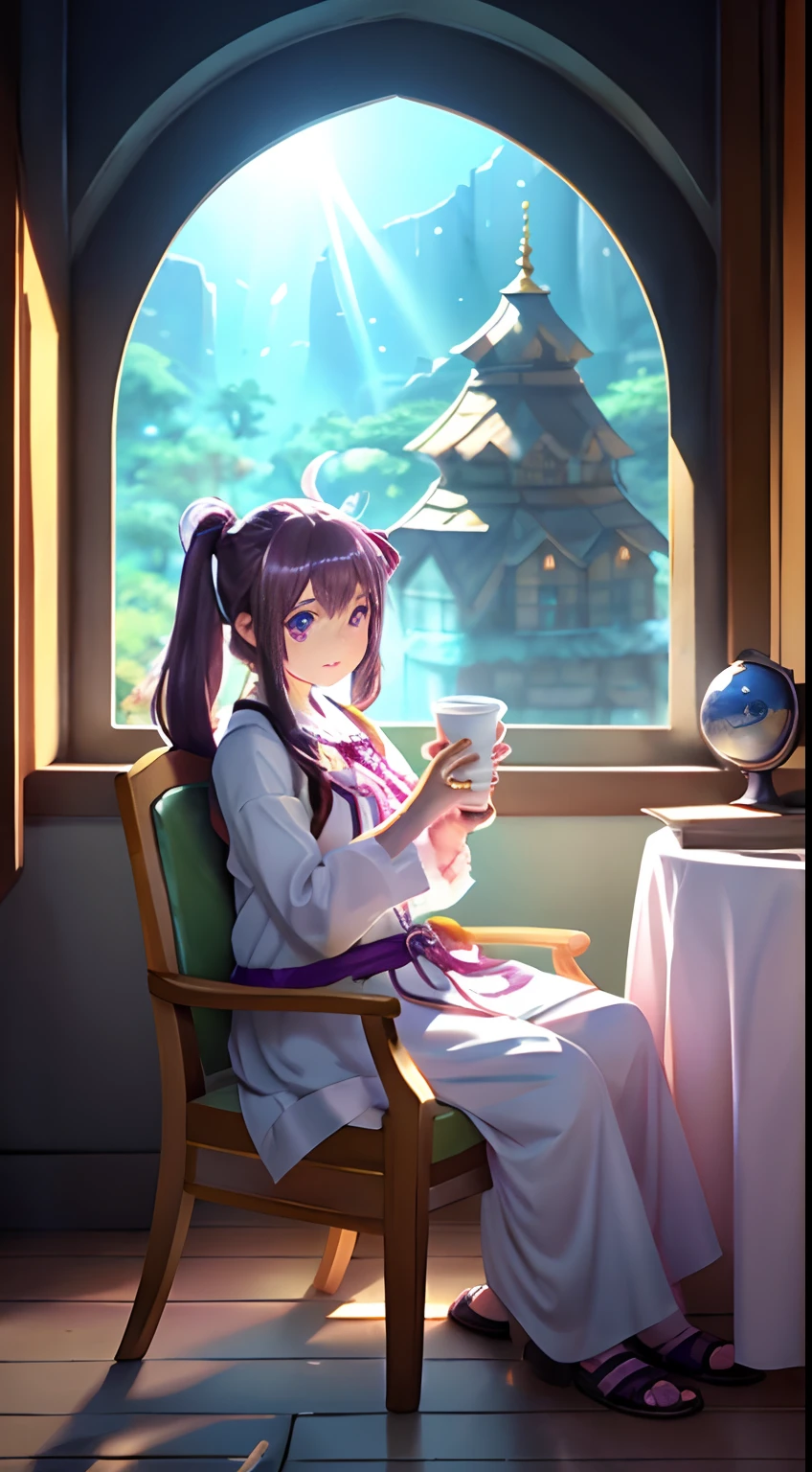 Anime girl sitting on chair with coffee cup in hand, alchemist girl, Light Novel Cover Art, Official art, epic light novel art cover, official artwork, epic light novel cover art, Lori, Isekai, Small curved loli, Kshat Krenz, Kshat Krenz Key Art Feminine, shadowverse style, Moe Dwarf,