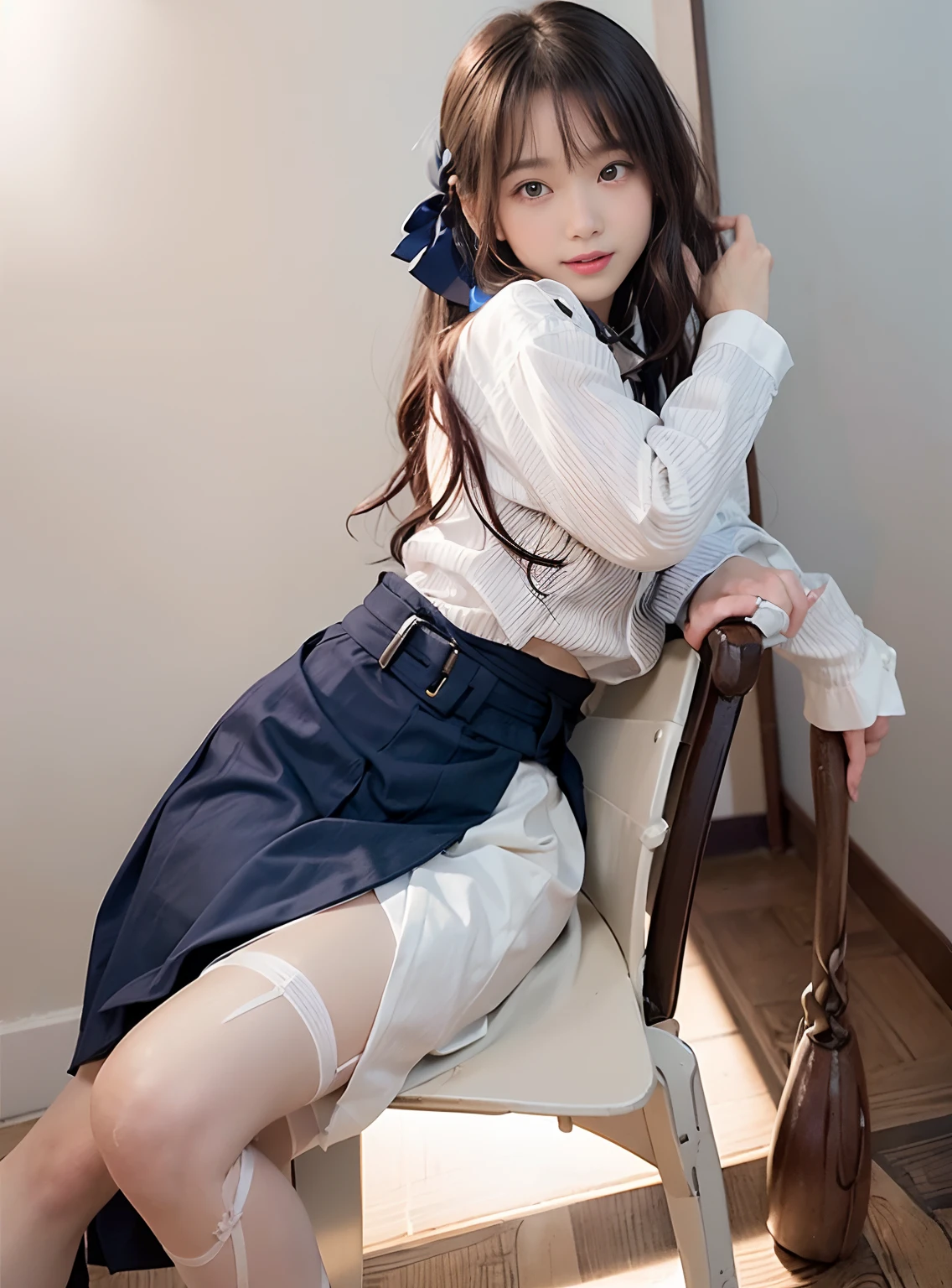 ulzzang-6500-v1.1, (raw photo:1.2), (photorealistic:1.4), beautiful detailed girl, very detailed eyes and face, beautiful detailed eyes, ridiculous, incredibly ridiculous, huge file size, super detailed, high resolution, very detailed, best quality, masterpiece, kemomimi, ((Japanese girls' high school uniform)), illustration, very detailed, CG, unified, 8k wallpaper, amazing, Fine details, masterpiece, best quality, very detailed CG uniform 8k wallpaper, light on face, cinematic lighting, 1girl, , ((no panties)), ((dynamic pose))), (camel toe), (half), (pantyhose), (knee-bending leg sitting))