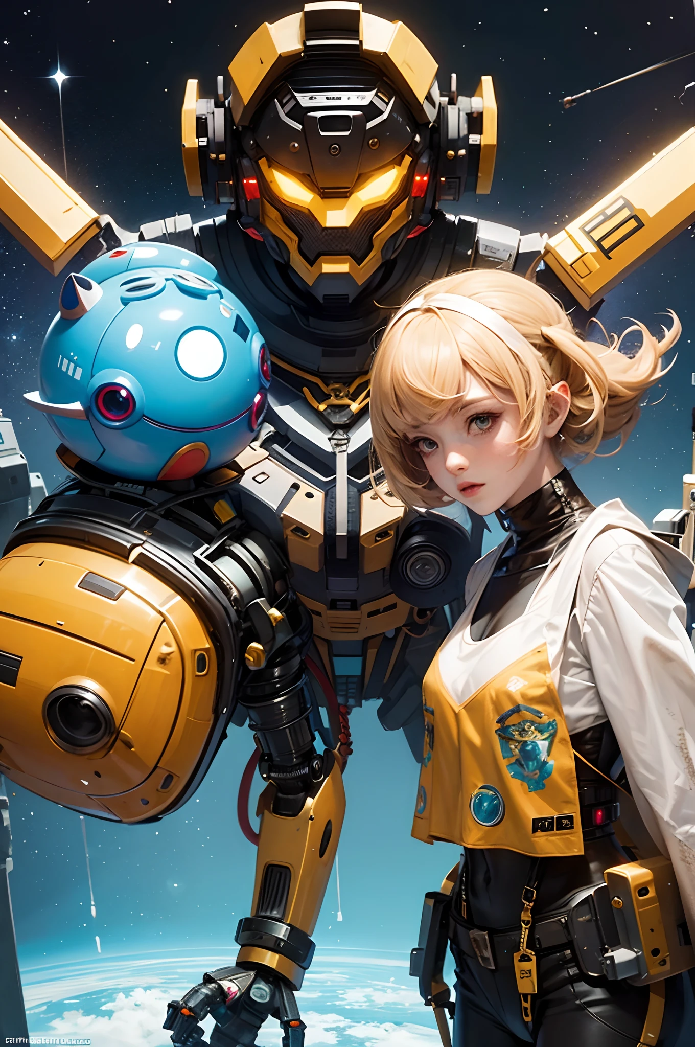 A fantz monster design, Cute robots in space [style-rustmagic]，female robot，Half-human, Cyborgs，Work on the space station，