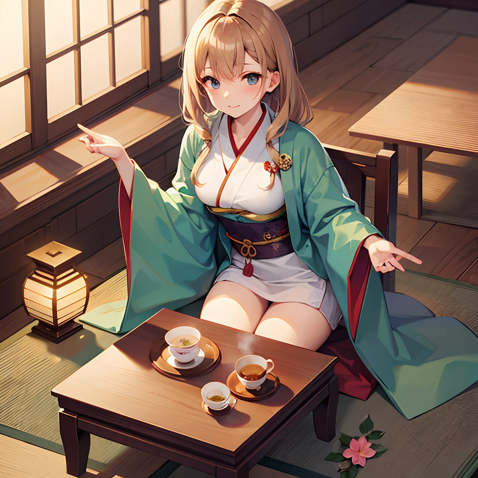 japanese tea cup, hot tea, masterpiece, best quality, super detail