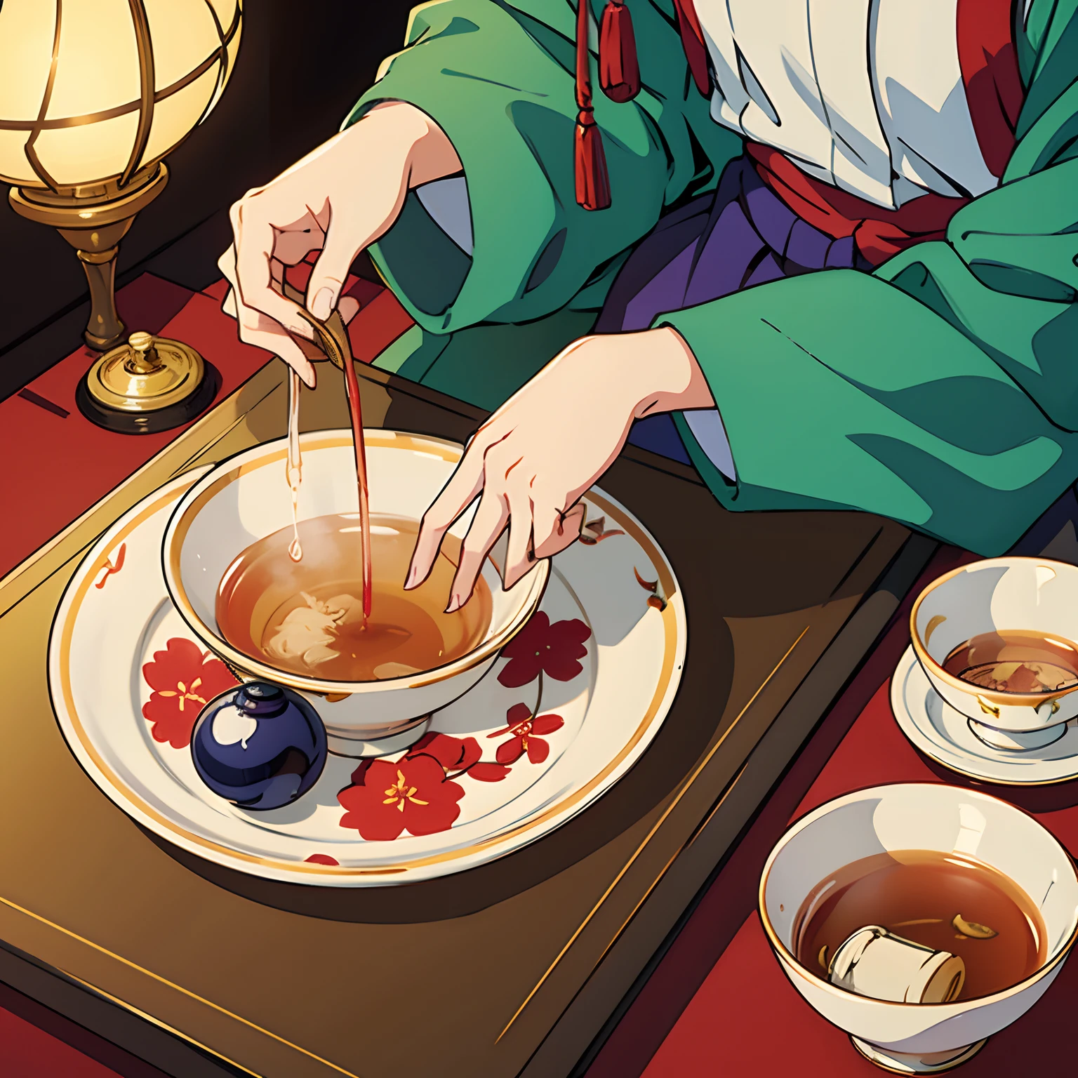 japanese tea cup, hot tea, masterpiece, best quality, super detail