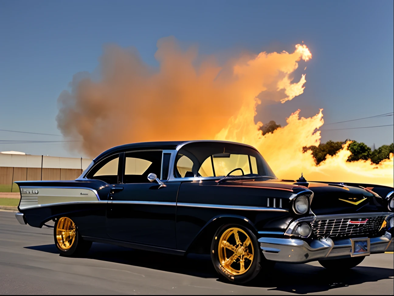 "1959 Chevrolet Bel Air" COR PRETO METALICO reflexivo, GOLDEN WIDE STAR WHEEL is on fire, The front wheels are small and the rear wheels are very large, dianteira rebaixada na frente, dentro de uma garagem com paredes brancas, diagonal camera