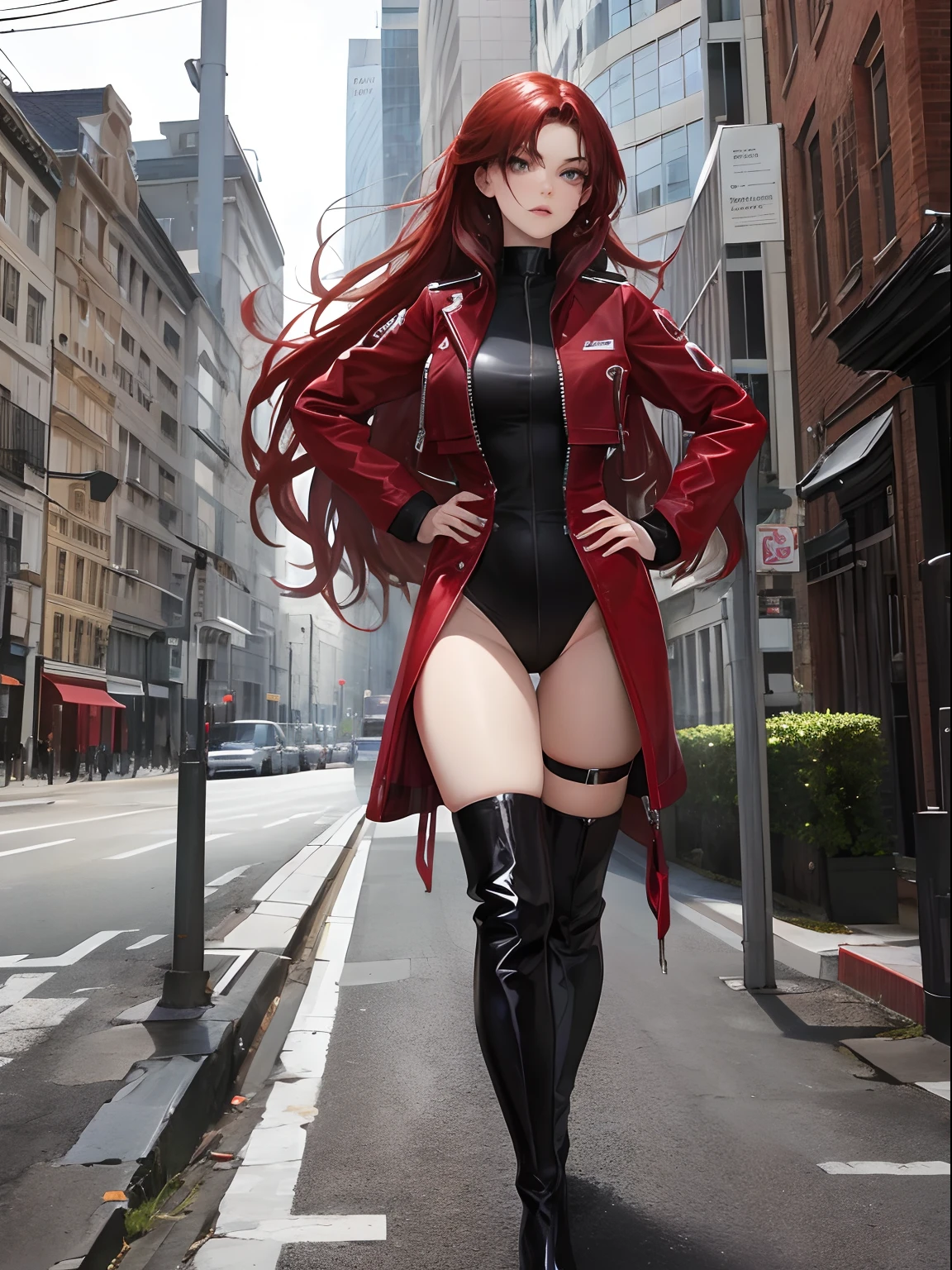 (highest resolution, distinct_image) Best quality, female, solo, masterpiece, highly detailed, semi-realistic, red hair, grey eyes, bangs, 18 years old, young, tall strong, black and red leotard, deserted building background, cold, serious, tall, handsome, dictatorial, powerful, exquisite facial features, exquisite facial features, thigh-high boots, hands on hip, perfect hands
