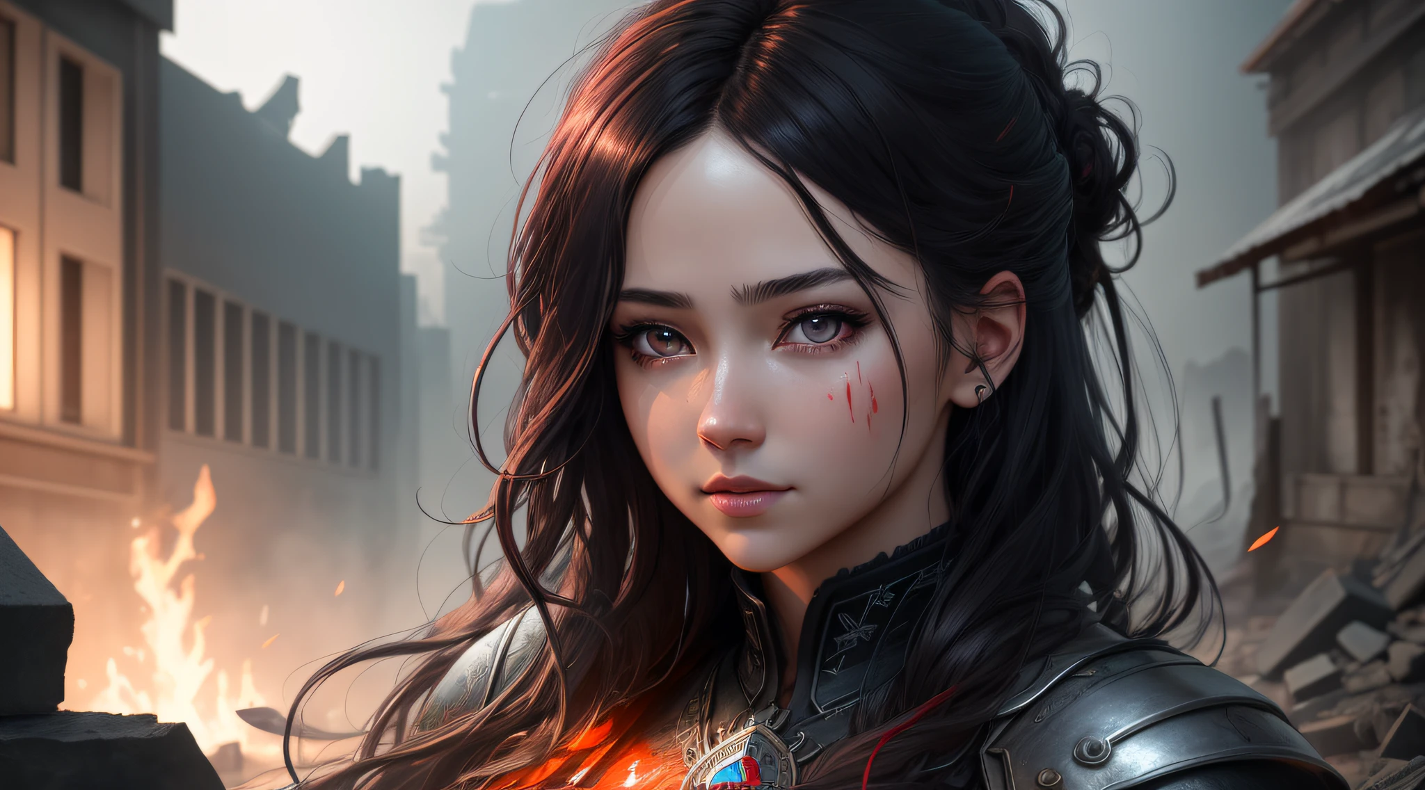 (extremely detailed CG unity 8k wallpaper), (masterpiece), (best quality:1.2), (highres), (illustration:1.1), (cinematic light:1.1), finely detailed, intricate details, (best illustration), 8k resolution, intricate details, best quality, realistic, ultra-detailed, best illumination, best shadow, ultra-HD, cryengine, ultra hd, (detailed reflection), detailed shadows, (((intricate details))), smooth, ((perfect shading)), high quality metal texture, metallic luster, highly detailed illustration, (semi realistic:1.6), (wide_shot:1.2), (from below, dutch_angle), dutch angle, ((cowboy shot)), (beautiful detailed eyes:1.1), beautiful detailed face:1.1, (realistic body:1.2), looking at viewer, (One girl hugging a Red Giant Dragon), (Heavily disheveled hair), (hold left hand\[ready a sword[light skin\]), (blood dripping full body:1.1), paintbrush, (glowing eyes\[magic square in eyes[ colored red \]), Black long hair, hair between eyes, sigma 135mm lens, amaryllis around, (((face to face:1.6))), complicated background, dynamic camera angle, blood rain behind, (warzone), (((high quality detailed ruins))), (depth of field), ((cinematic lighting)), ((horror)), ((dark fantasy)), lovecraftian, spot color, monotone, red, splashing blood, (best illumination), (hyper intricate details), ((ultra-detailed)), 4k unity, (extremely detailed CG:1.2), (8k:1.1), ((landscape view)), Artstation, ((by sui ishida, by Wenjun Lin, by stefan morrell)), dystopian art, apocalypse art, ((semi-realistic)), (realism), (dynamic), (nixeu_basic2:0.5)