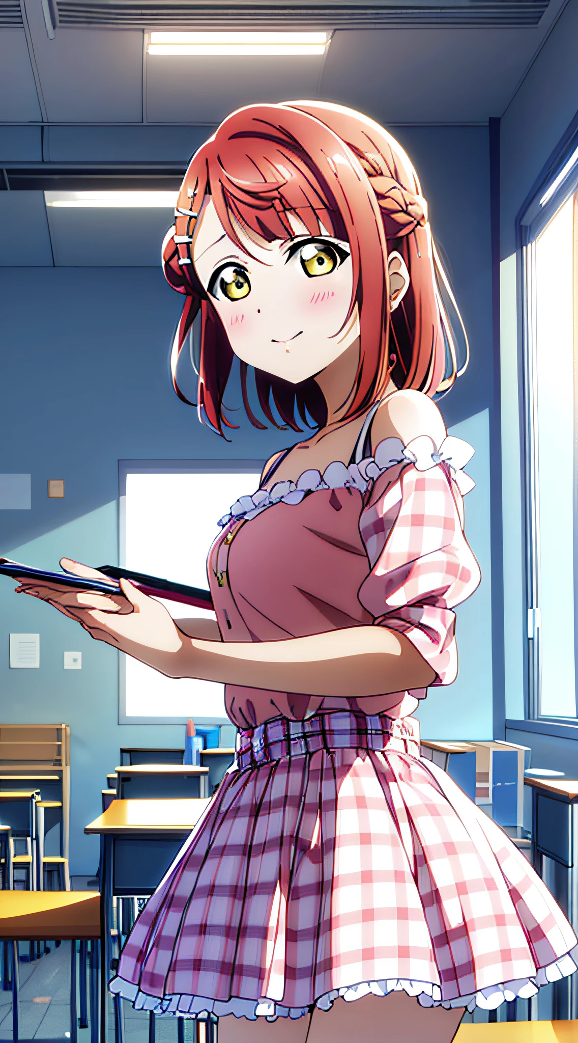 high quality, best quality, masterpiece, absurdres, ayumu uehara, 1girl, Anime-style color grading, bushiroad studio coloring style, yellow eyes, medium hair, pink hair, in classes, study, holding pen