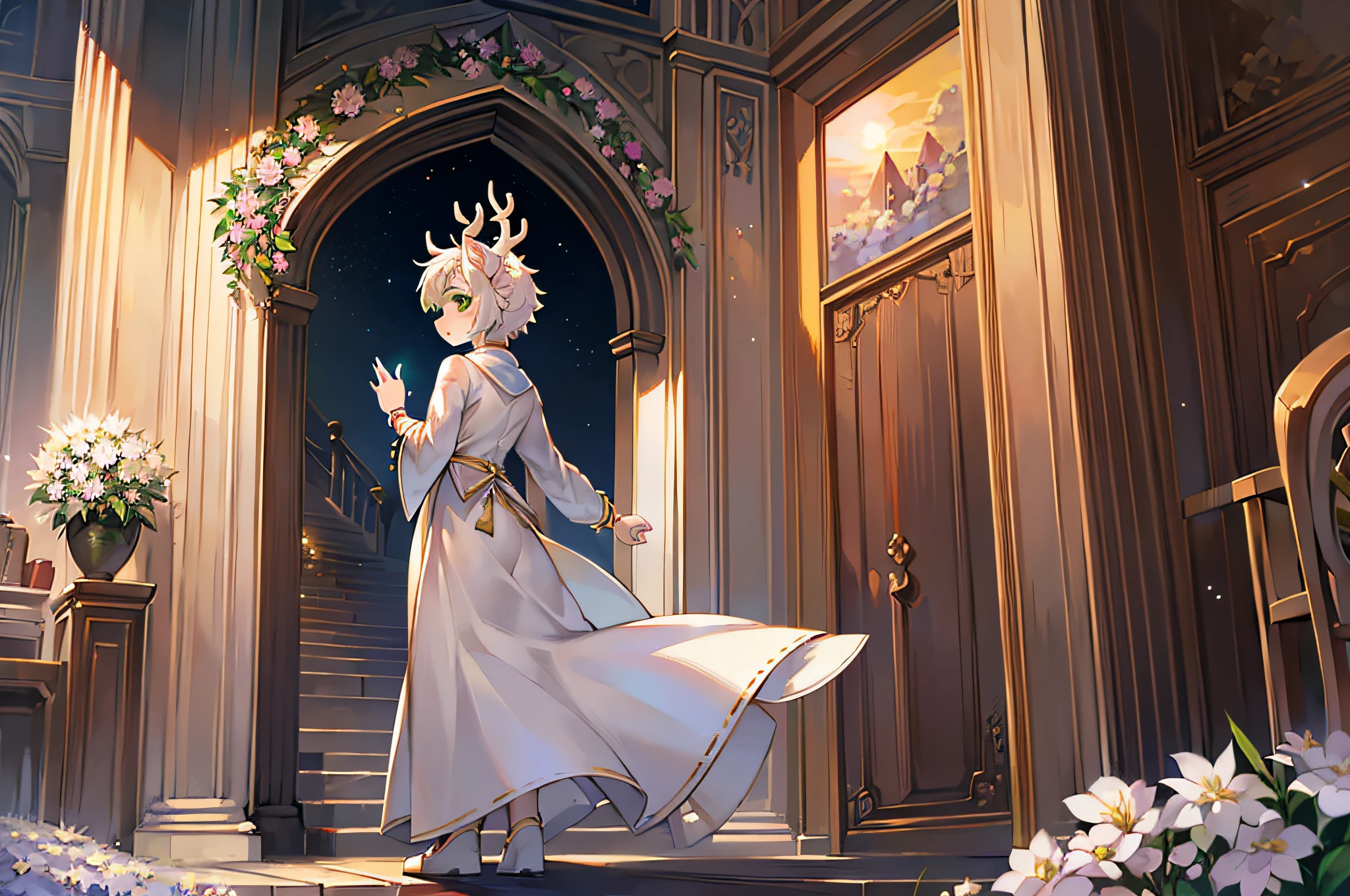 A white deer,long white robe,Flower bracelet,the setting sun,Green eyes,deer antlers,Shota,adolable,Ambiguous gender,facing away from the audience,head looking up,back to look back,Stand on the steps,in the afternoon,eventide,Slender sleeves