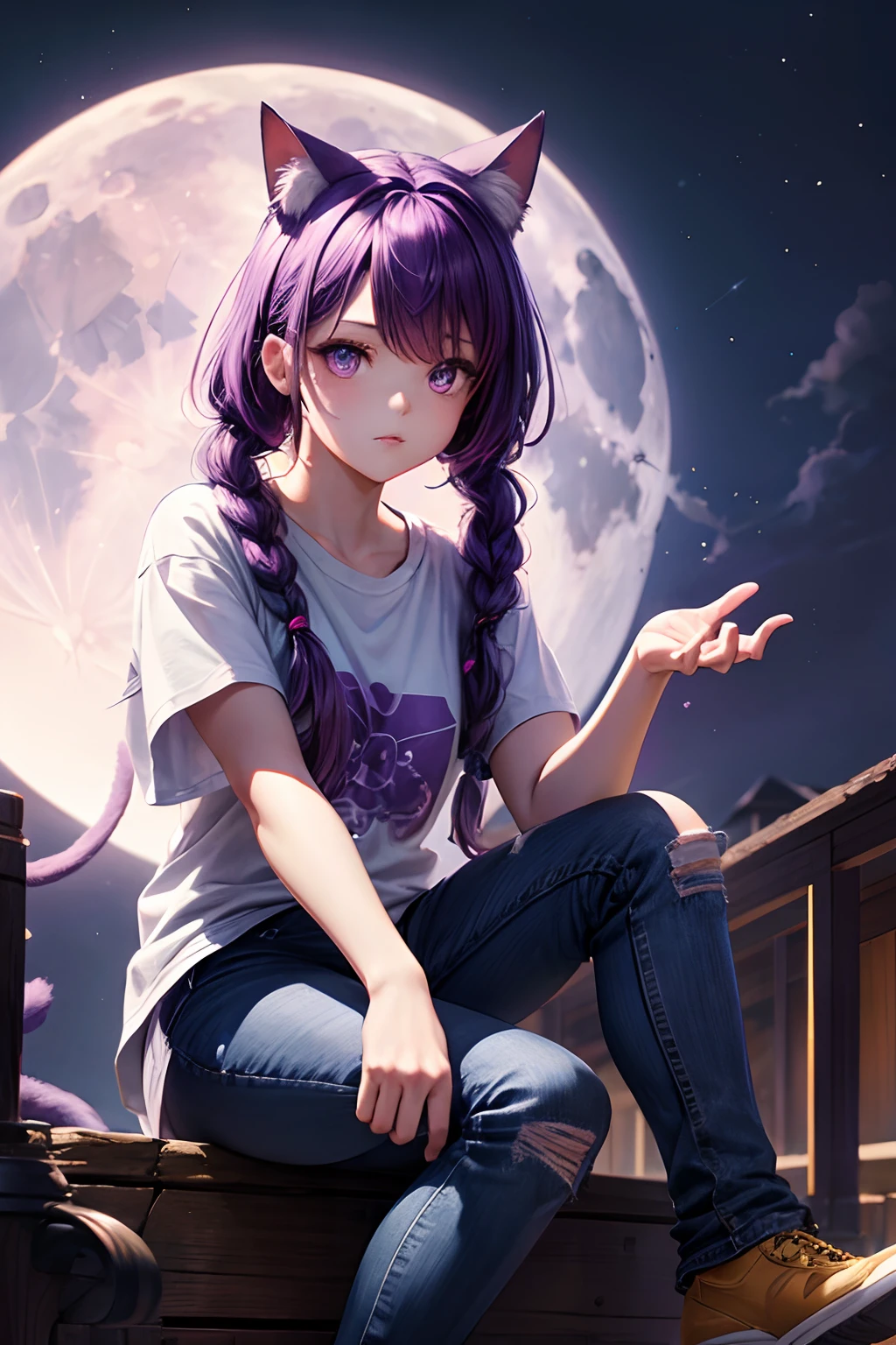 Top quality, high resolution, perfect human structure, background focus, front view, purple hair, glowing hair, cat ears, cfrench braid, crazy eyes, shirt, jeans, sitting, moon, flying,