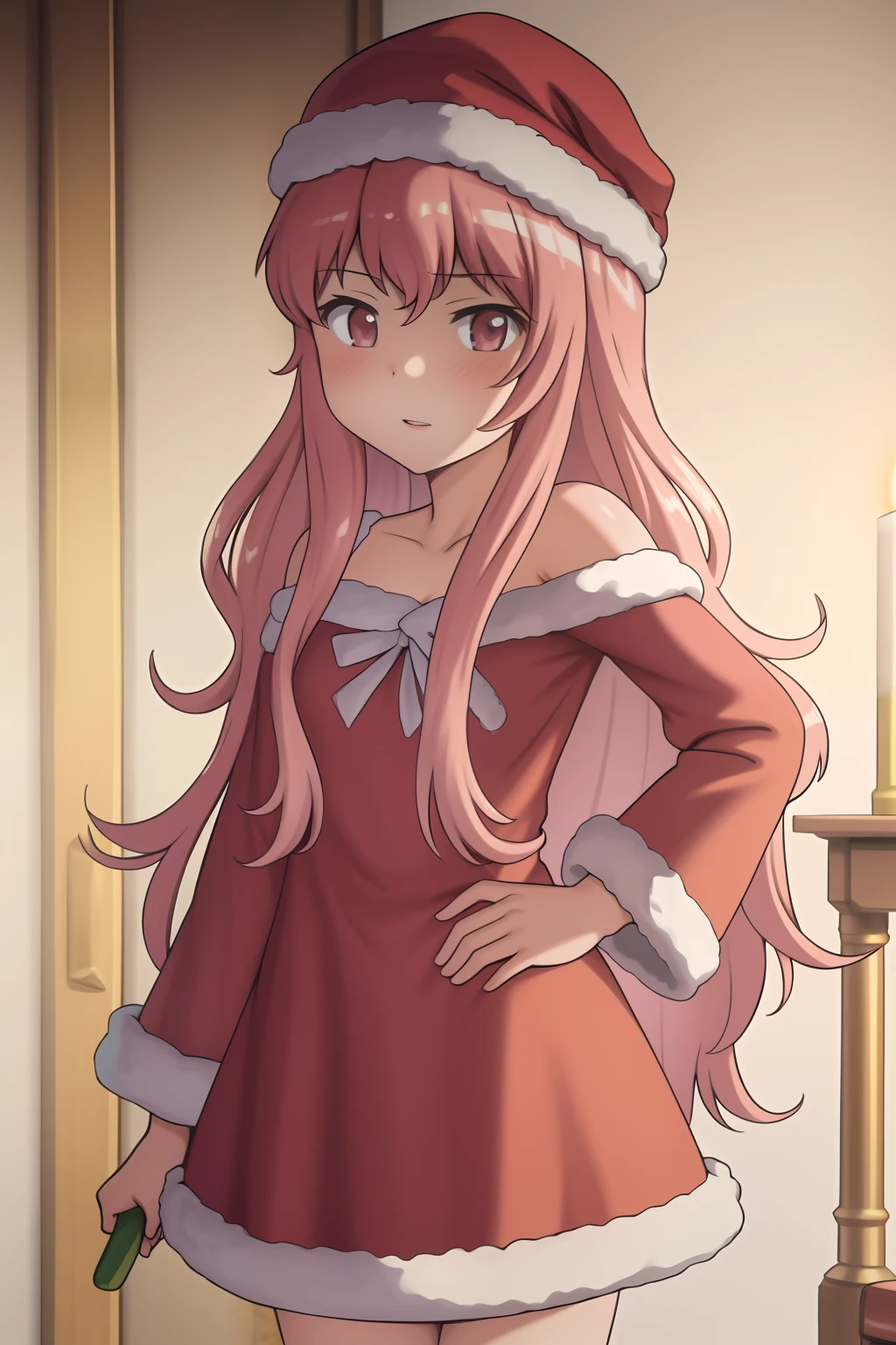 Obra maestra, La mejor calidad,fondo de pantalla CG 8k extremadamente detallado, 1girl,Louise Francoise Le Blanc de la Valliere,gorro rojo de navidad,vestido rojo de navidad,holiday,nieve,navidad,Christmas Costumes,sonrojarse, Parte superior del cuerpo, retrato,