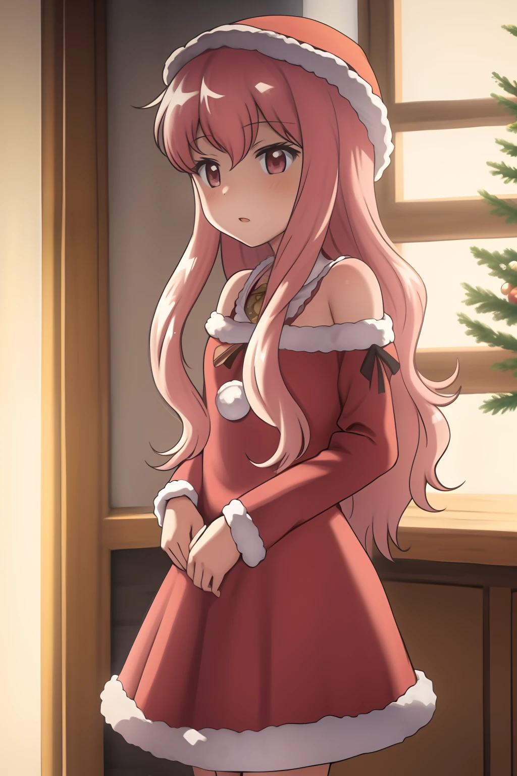 Obra maestra, La mejor calidad,fondo de pantalla CG 8k extremadamente detallado, 1girl,Louise Francoise Le Blanc de la Valliere,gorro rojo de navidad,vestido rojo de navidad,holiday,nieve,navidad,Christmas Costumes,sonrojarse, Parte superior del cuerpo, retrato,