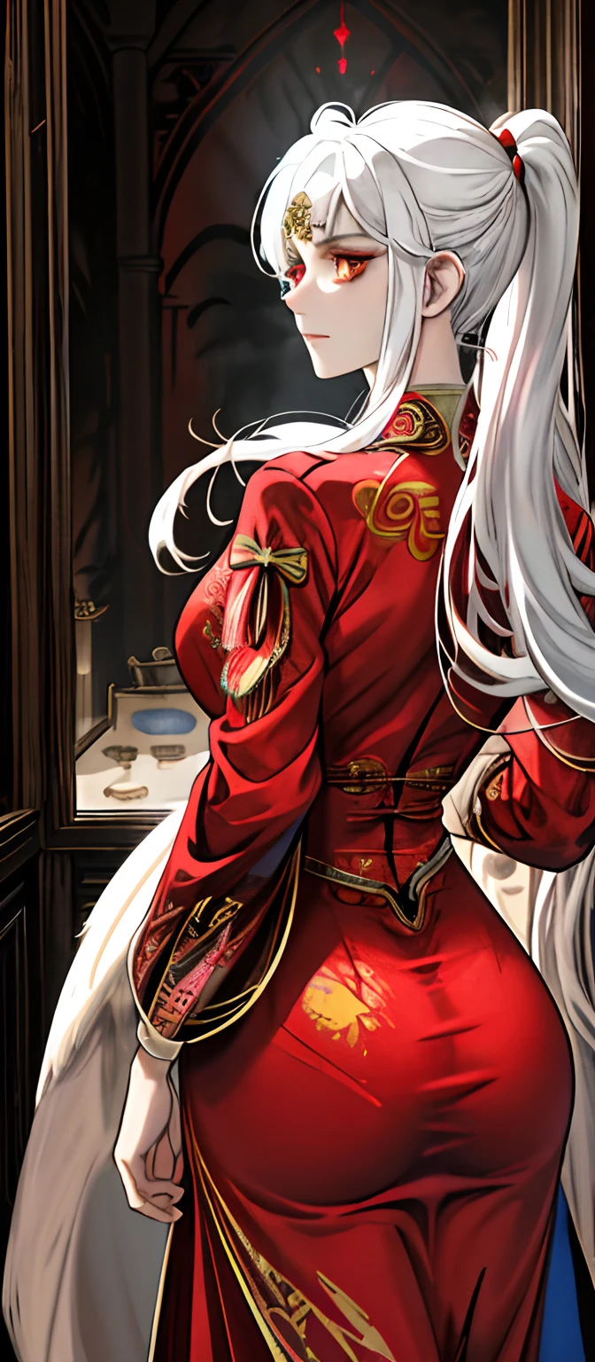 1female, White hair, Red eyes, (woman,Royal Sister_Shot:1.2), Ass focus, Long hair, side locks,Expressions of danger,Extreme panic,Close-up of the front of the butt,After being violated ,Scared,(terrified:1.1) expression,Watching from behind,Back view, Atmospheric lighting, Moody, Darkness, In an abandoned old museum, Clear glass display case full of interesting items, Dusty, Post-apocalypse, spiderwebs, masterful, Beautiful 8k wallpaper,Camel hooves ,Extremely detailed, Intricate,a warm color palette,Half naked chest,huge tit(D),plethora of colors,bright sun,Wear a gorgeous coat,Wear a red cheongsam inside,Broken clothes,a queen,Beautiful young woman,big assa(f),Cocked buttocks