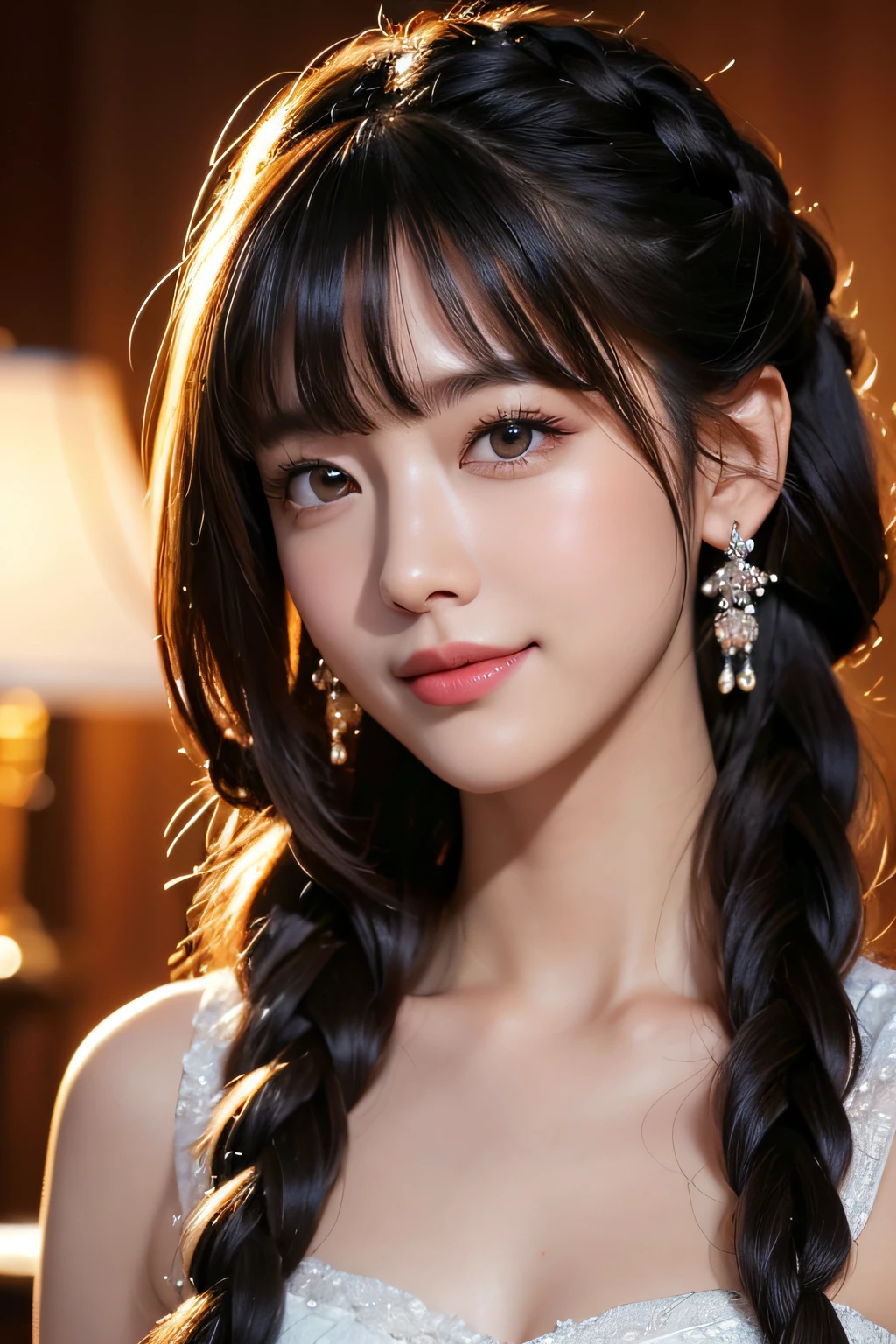 (masterpiece:1.3), (8K, Photorealistic, Raw photo, Best image quality: 1.4), Japanese 、Take a full-body photo，Trendy clothes、Black costume，Fluffy Hair，crystal，Natural color lip，(Random Hairstyles:1.2)、Cleavage:1.2、Super detailed face、Attention to detail、double eyelid、Put your chest together、Sharp focus:1.2、Beautiful woman:1.4、Black Hair、highest quality、masterpiece、超A high resolution、(Photorealistic:1.4)、Highly detailed and professionally lit smile、