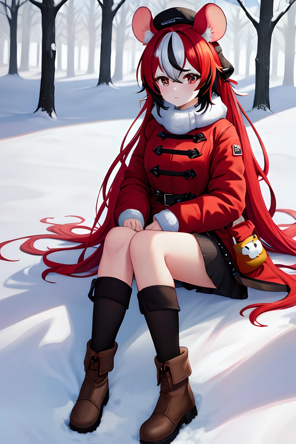 (best quality,4k,8k,highres,masterpiece:1.2), Hakos baelz, red hair, mouse ears, rat ears, red eyes, beautiful woman in winter clothes, snowy place, winter landscape, cozy atmosphere, snowy trees, soft falling snow, warm winter coat, stylish winter hat, snow-covered ground, cold breath, winter boots, peaceful solitude, serene surroundings, tranquil ambiance, subtle winter colors, natural lighting