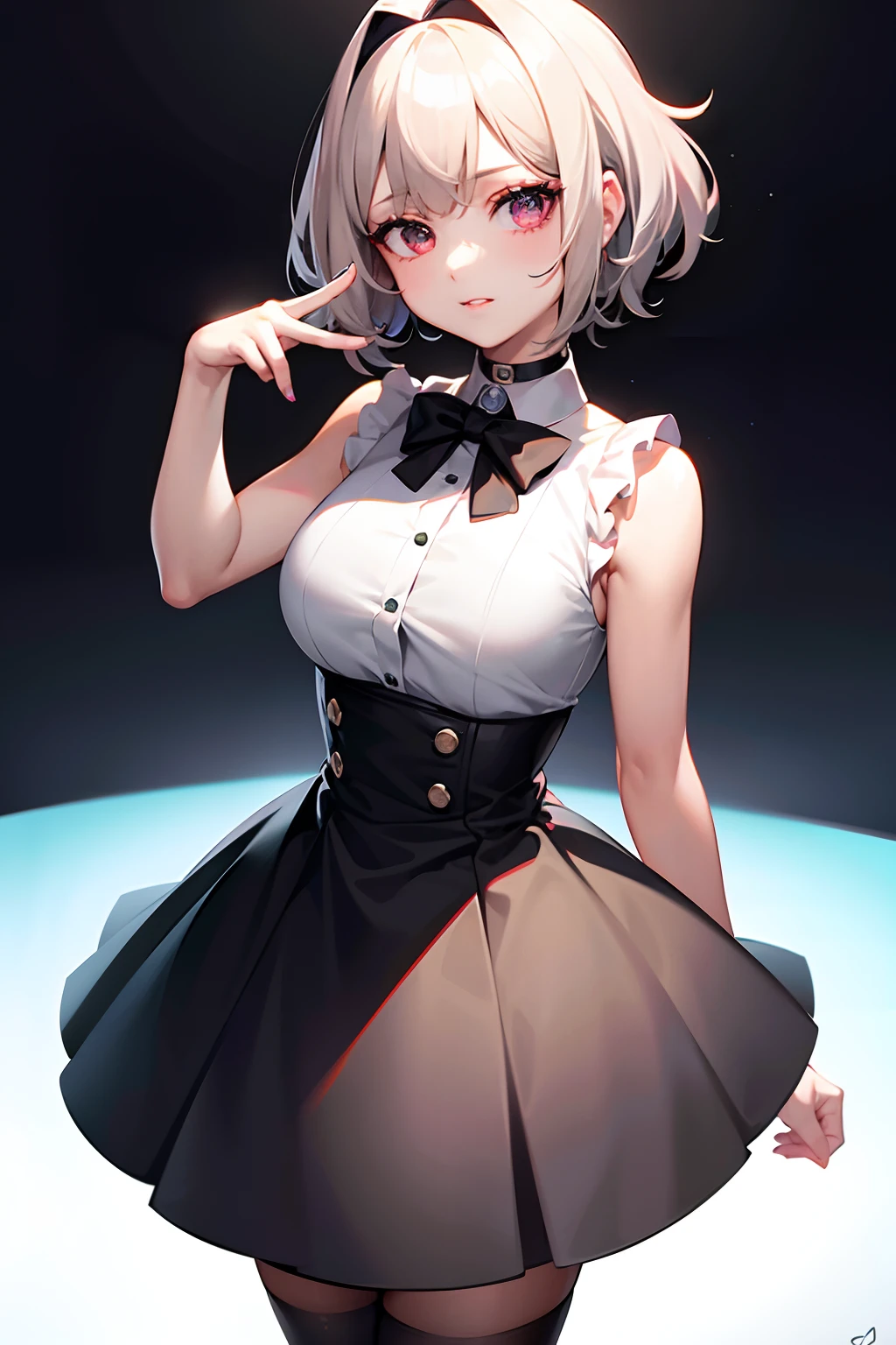 best quality, ultra high res, 1girl, sleeveless white button shirt, black skirt, black choker, cute, (Kpop idol), (aegyo sal:1), (platinum blonde hair:1), ((puffy eyes)), looking at viewer, full body, facing front