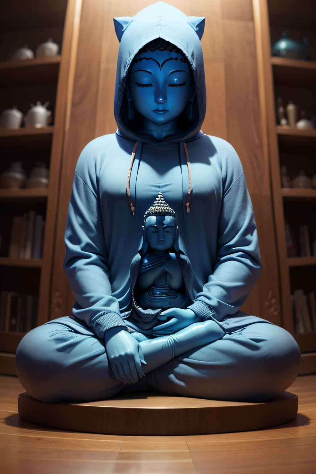 There is a blue Buddha statue facing the front and wearing a hoodie hood,Buddha, the buddha, buddhism, beautiful image,Buddha,Buddha