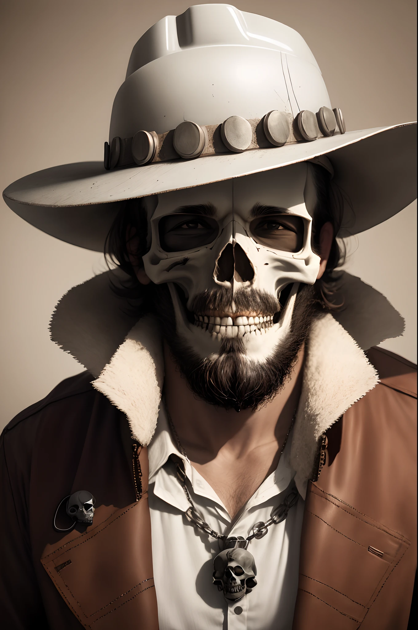 Face of a skull, Mexican gunfighter Pancho Villa style, a bullet belt on his chest, wearing a realistic black and white poncho. 