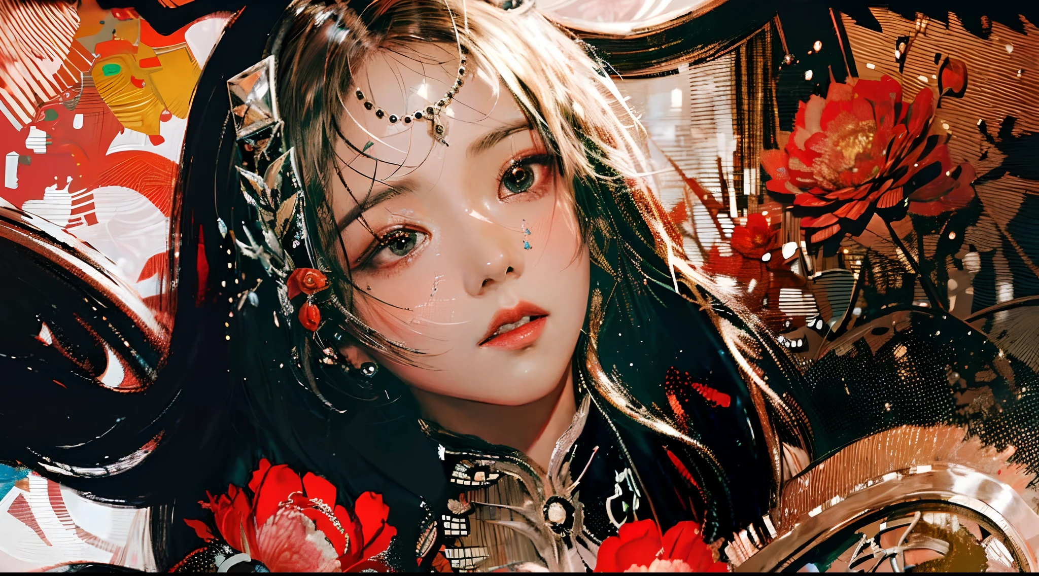 official art, unity 8k wallpaper, ultra detailed, beautiful and aesthetic, masterpiece, best quality, (zentangle, mandala, tangle, entangle), (fractal art:1.3) , 1girl, red flowers, extremely detailed, dynamic angle, cowboyshot, the most beautiful form of chaos, elegant, a brutalist designed, vivid colours, romanticism, by james jean, roby dwi antono, ross tran, francis bacon, michal mraz, adrian ghenie, petra cortright, gerhard richter, takato yamamoto, ashley wood, atmospheric