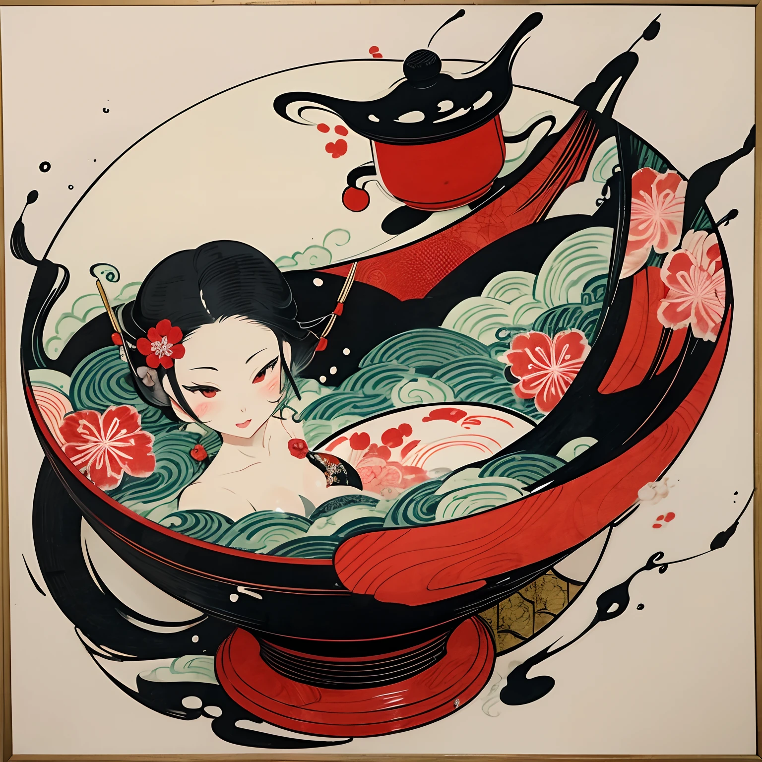 Japanese painting, ukiyo-e style, Ink painting, piping hot Japanese tea