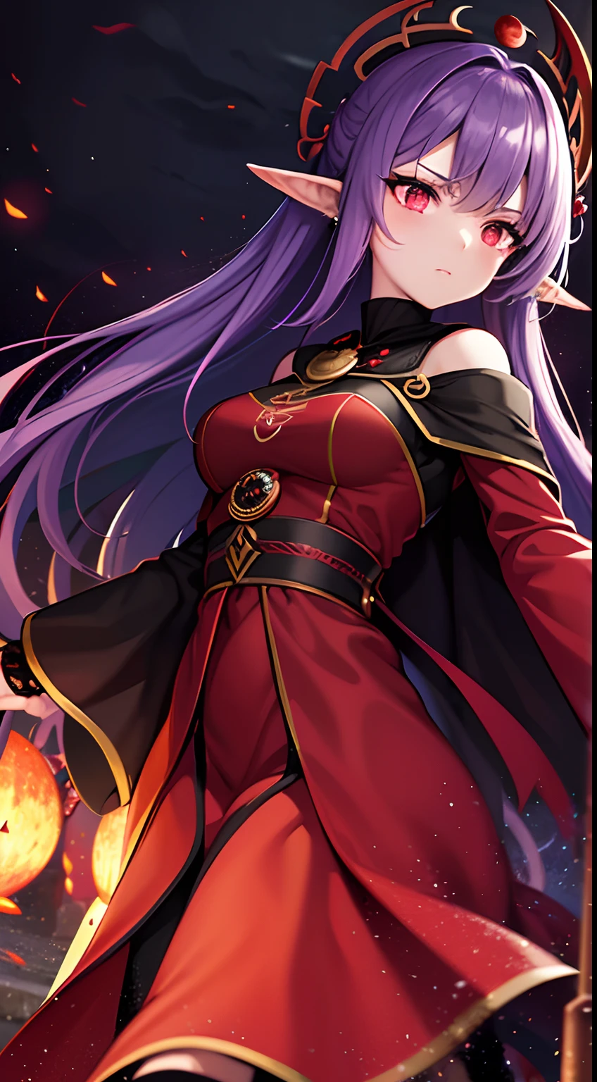 best quality,4k,8k,highres,masterpiece:1.2,ultra-detailed,realistic,photorealistic:1.37,blood Moon Priestess,dark,sinister,female figure,fierce gaze,long flowing hair,elaborate headdress,moonlit night,full moon,ominous atmosphere,ritualistic symbols,hooded cloak,ethereal beauty,mystical aura,glowing red eyes,powerful stance,ancient temple,lit candles,mysterious shadows,haunting presence,subtle lunar glow,ceremonial dagger,goddess of the night,wisps of fog,indigo sky,nightmare queen,spectral silhouette,melancholic beauty