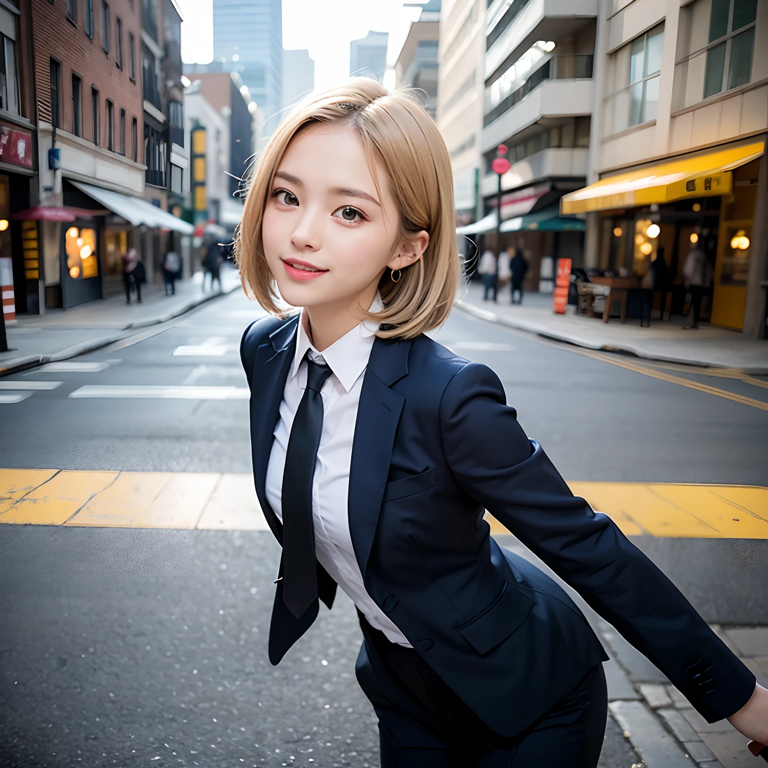 (masutepiece, Best Quality:1.2), 8K, Official art, Full body photo, full body Esbian、Emma fastening her tie.trouser、Cute smile、cute butt、Keep your bag cold、A dark-haired、14years、small tits、A delightful、A smile、unbelievable Ridiculous, (Upper body, Dark blue suit:Cute Tie 1.4), Beautiful Girl, Pretty Face, arching back down, cute butt、Gold hair ornament on hair、Wearing a cute suit、Decide on a pose、raise two hands、close up, Wearing a suit, Short sleeve, gardenia, violaceaess, Teen, Street, Looking at Viewer, Film grain, chromatic abberation, Sharp Focus, face lights, Dynamic lighting, Cinematic lighting, Eyes and faces with detailed, Bokeh background, (Tie with Emma written on it、1 copy:1.2)