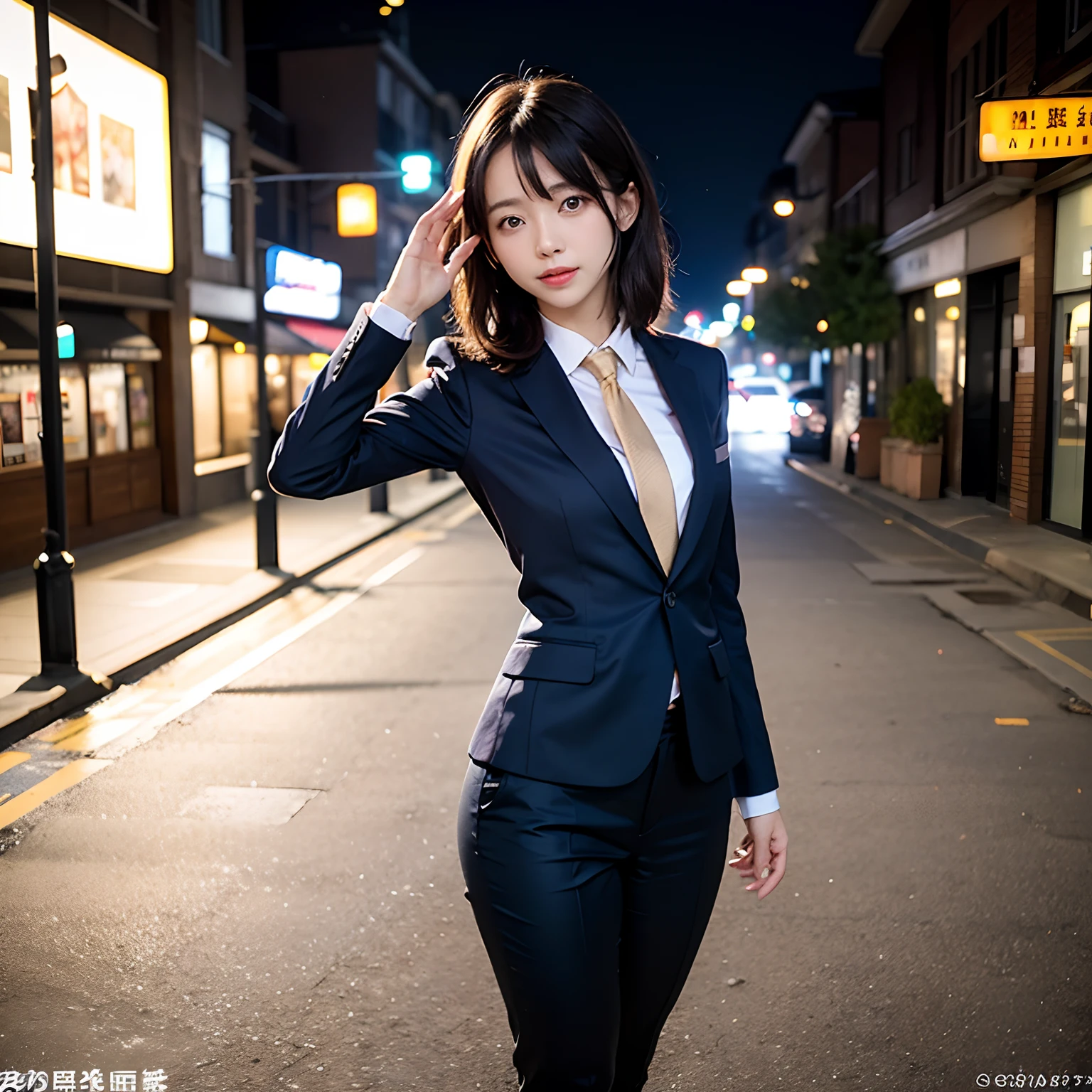 (masutepiece, Best Quality:1.2), 8K, Official art, Full body photo, full body Esbian、Emma fastening her tie.trouser、Cute smile、cute butt、Keep your bag cold、A dark-haired、14years、small tits、A delightful、A smile、unbelievable Ridiculous, (Upper body, Dark blue suit:Cute Tie 1.4), Beautiful Girl, Pretty Face, arching back down, cute butt、Gold hair ornament on hair、Wearing a cute suit、Decide on a pose、raise two hands、close up, Wearing a suit, Short sleeve, gardenia, violaceaess, Teen, Street, Looking at Viewer, Film grain, chromatic abberation, Sharp Focus, face lights, Dynamic lighting, Cinematic lighting, Eyes and faces with detailed, Bokeh background, (Tie with Emma written on it、1 copy:1.2)