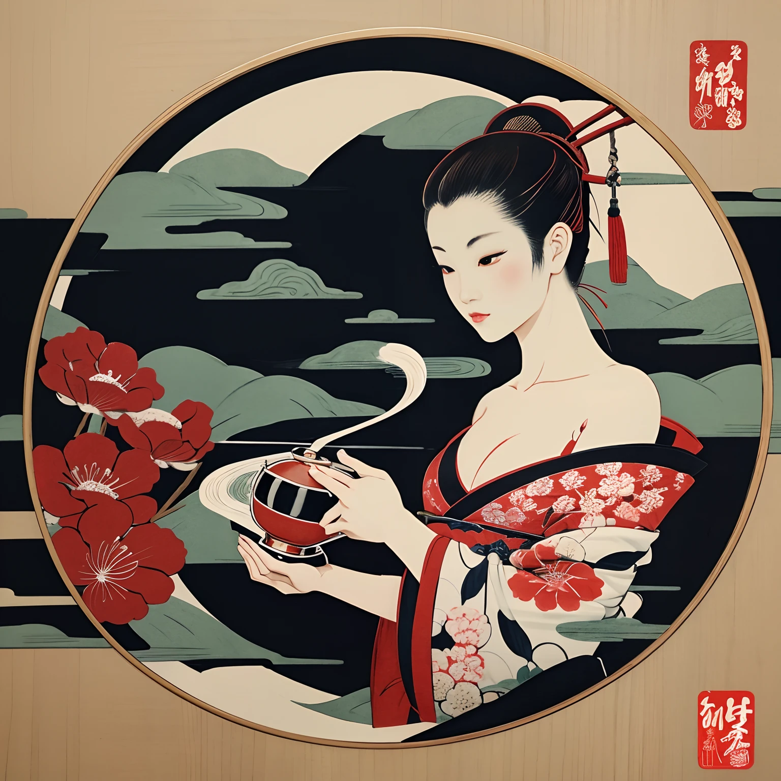 Japanese painting, ukiyo-e style, Ink painting, piping hot Japanese tea