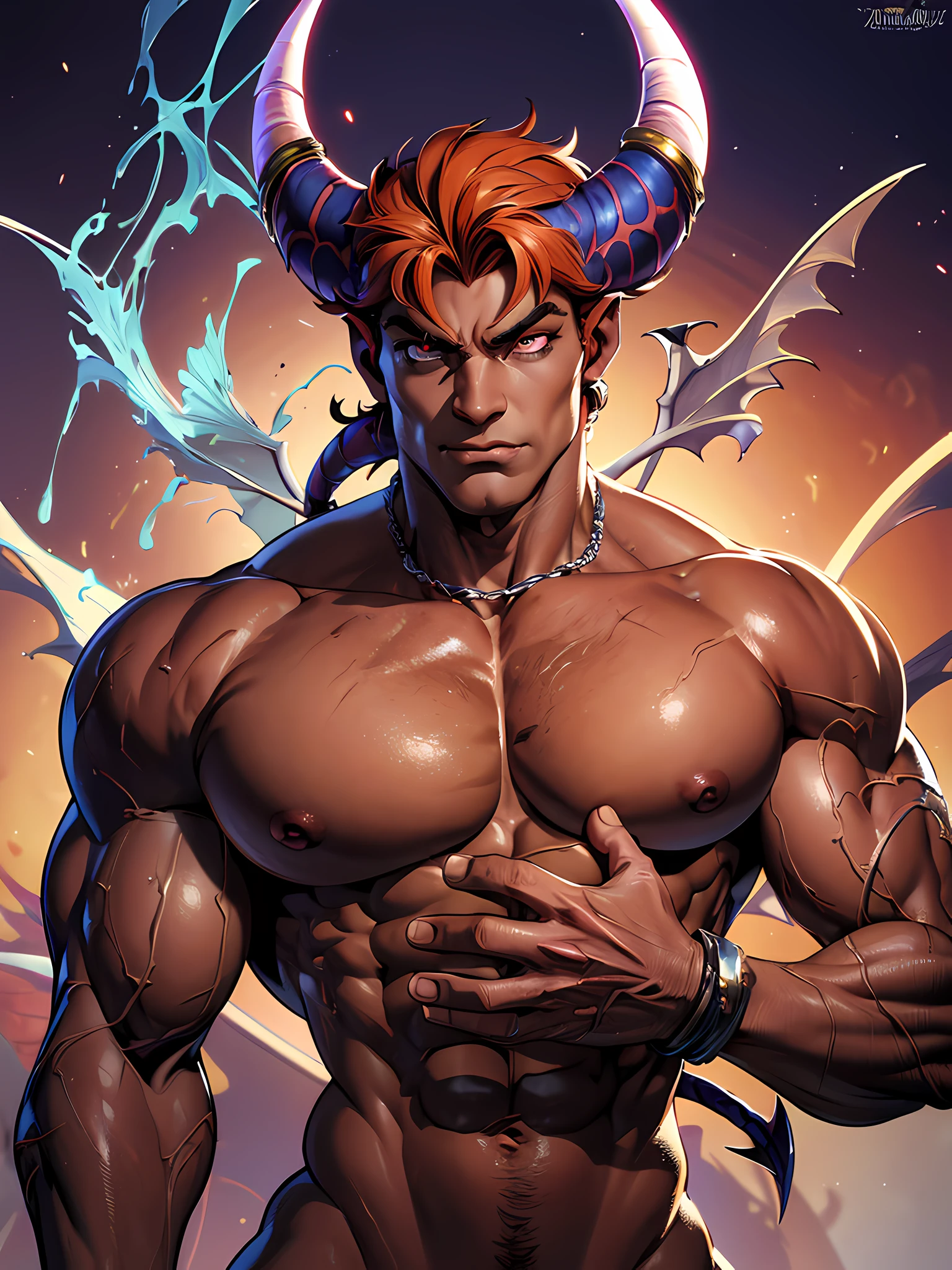 ((absurdres)) ((perfect whole body)), ((ultra photorealistic)), Top quality, ((Photorealistic)), ((16k UHD)), High Definition, Unity 8K wallpaper, high res, ultra sharp, ((masterpiece)), best quality, ((intricate details)), (((detailed eyes))), (((perfect face))) (((detailed face))), masterpiece, highly detailed exquisite character art, melancholy lighting, (((perfectly detailed anatomy))) (((cinematic light))), ultra-realistic, (((detailed body))), (((detailed muscles))), (((1Male))) (((Bodybuilder))), (((muscular))), ((bara)), a close up of a person with a very large body and a very big head, male djinn man demon hybrid, guyver style, demon soul concept art, man male demon, djinn man male demon, human male demon, full body savage devilman, full body devil man, demon male, demon noble character design, fit male demon with white horns