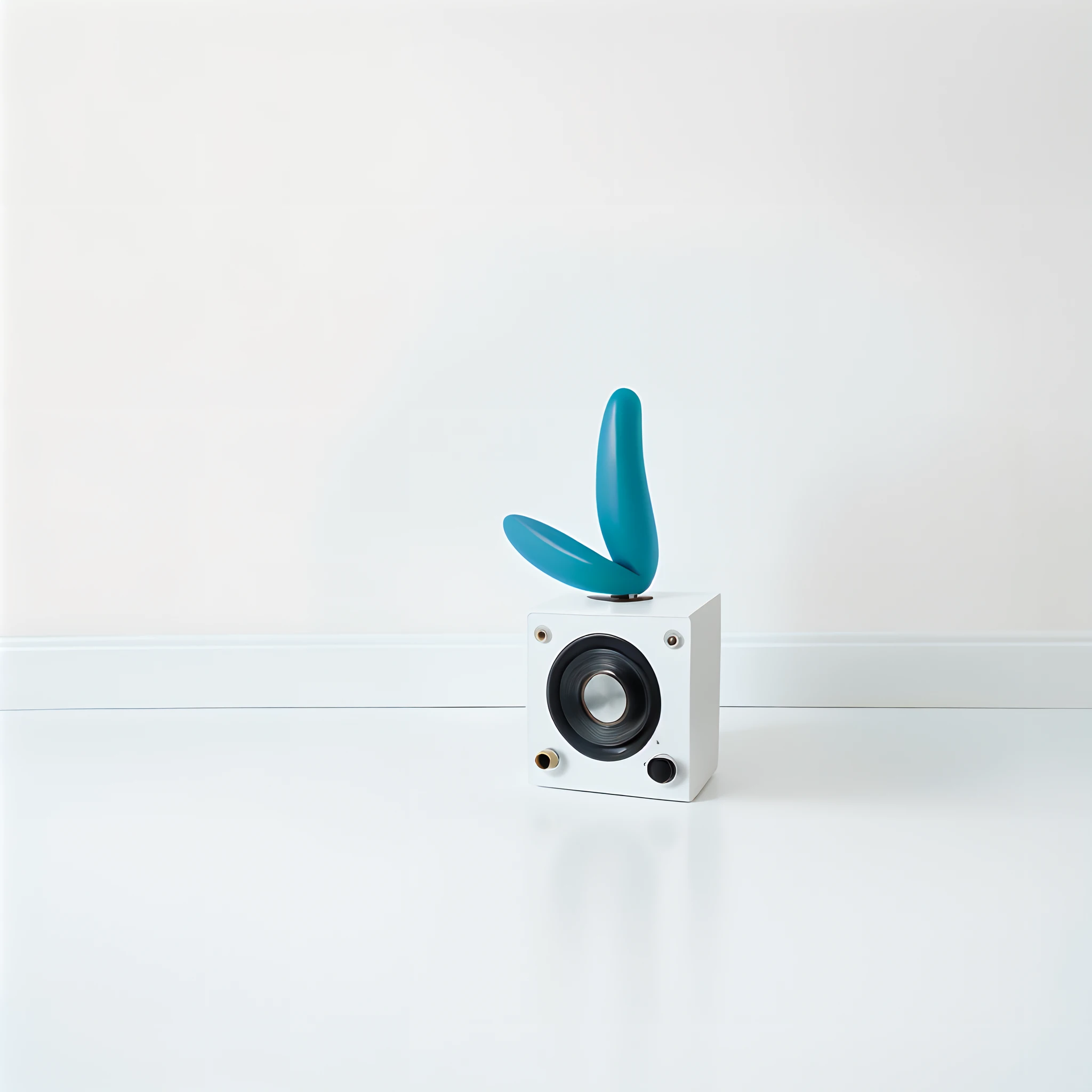 Soft Lighting, Bold primary colors, 8k resolution, photo of realistic blue retro radio with no text in a edge of a white room, portrait, masterpiece, high_resolution, beautiful light, natural light, white floor, film, wallpaper, realistic, photo realism, focus to the object on a rose background:1.4, Carol Bove, aesthetic, a surrealist sculpture,