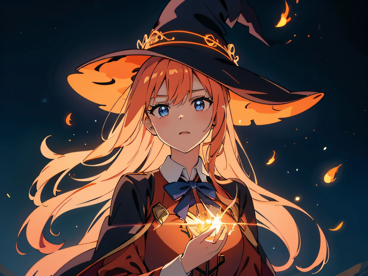 1 woman mage, calm look, beautiful eyes finely detailed, long orange hair gives off light amber light reflections, her clothes are blue in light and dark tones, with details in golden color, she wears a white shirt with fancy ornaments, (Masterpiece:1.2), (Best Quality), Detailed, UHD, Cinematic Lighting, sharp focus, (illustration:1.1), intricate, 8k CG, perfect artwork, (half body:0.6), detailed background, witch hat, witch, magical atmosphere, hair flowing in the wind, colorful glowing magic spell in the air, swirling portal, many magic attack around, dark magic, fire particles, (style-swirlmagic:0.8), floating particles, bloody battlefield background, updraft, backlighting,