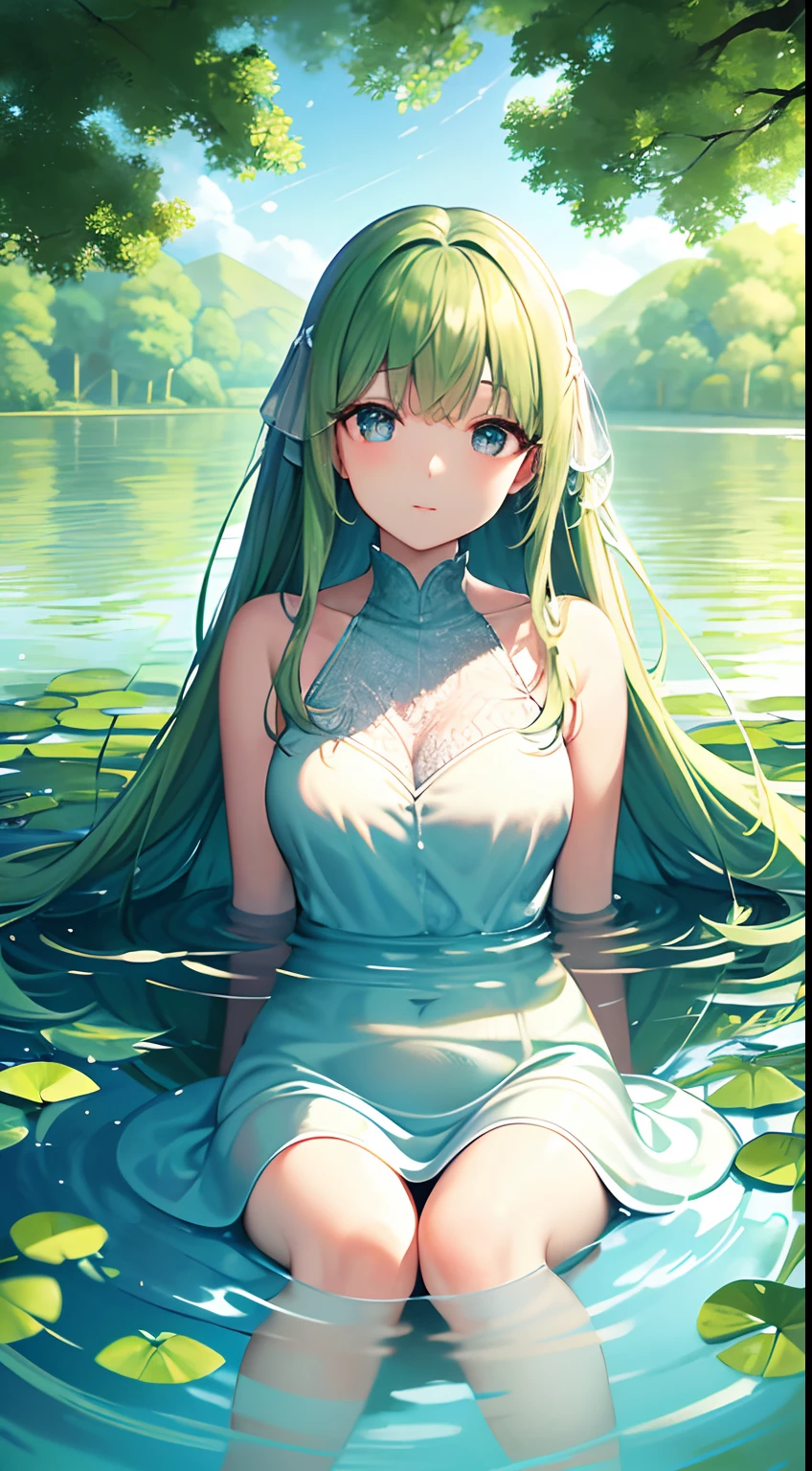 ((Masterpiece)), ((Best Quality)), Illustration, One Girl, Hair color, Bangs, Hairstyle Fax, Portrait from the waist up, Nude, Bathing, Ladies, Cat ears, Light green long hair, Gray eyes, Hair spread over the surface of the water, Blunt bangs, Upright immobile, shot from the back