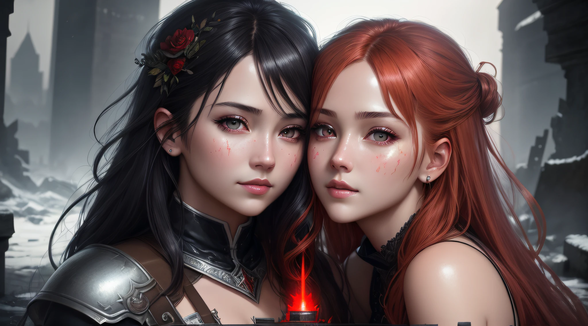 (extremely detailed CG unity 8k wallpaper), (masterpiece), (best quality:1.2), (highres), (illustration:1.1), (cinematic light:1.1), finely detailed, intricate details, (best illustration), 8k resolution, intricate details, best quality, realistic, ultra-detailed, best illumination, best shadow, ultra-HD, cryengine, ultra hd, (detailed reflection), detailed shadows, (((intricate details))), smooth, ((perfect shading)), high quality metal texture, metallic luster, highly detailed illustration, (semi realistic:1.6), (wide_shot:1.2), (from below, dutch_angle), dutch angle, ((cowboy shot)), (beautiful detailed eyes:1.1), beautiful detailed face:1.1, (realistic body:1.2), girl with red hair, Yuri kissing, lesbians looking at viewer, (One girl hugging a Red Giant Dragon), (Heavily disheveled hair), (hold left hand\[ready a sword[light skin\]), (blood dripping full body:1.1), paintbrush, (glowing eyes\[magic square in eyes[ colored red \]), Black long hair, hair between eyes, sigma 135mm lens, amaryllis around, (((face to face:1.6))), complicated background, dynamic camera angle, blood rain behind, (warzone), (((high quality detailed ruins))), (depth of field), ((cinematic lighting)), ((horror)), ((dark fantasy)), lovecraftian, spot color, monotone, red, splashing blood, (best illumination), (hyper intricate details), ((ultra-detailed)), 4k unity, (extremely detailed CG:1.2), (8k:1.1), ((landscape view)), Artstation, ((by sui ishida, by Wenjun Lin, by stefan morrell)), dystopian art, apocalypse art, ((semi-realistic)), (realism), (dynamic), (nixeu_basic2:0.5)