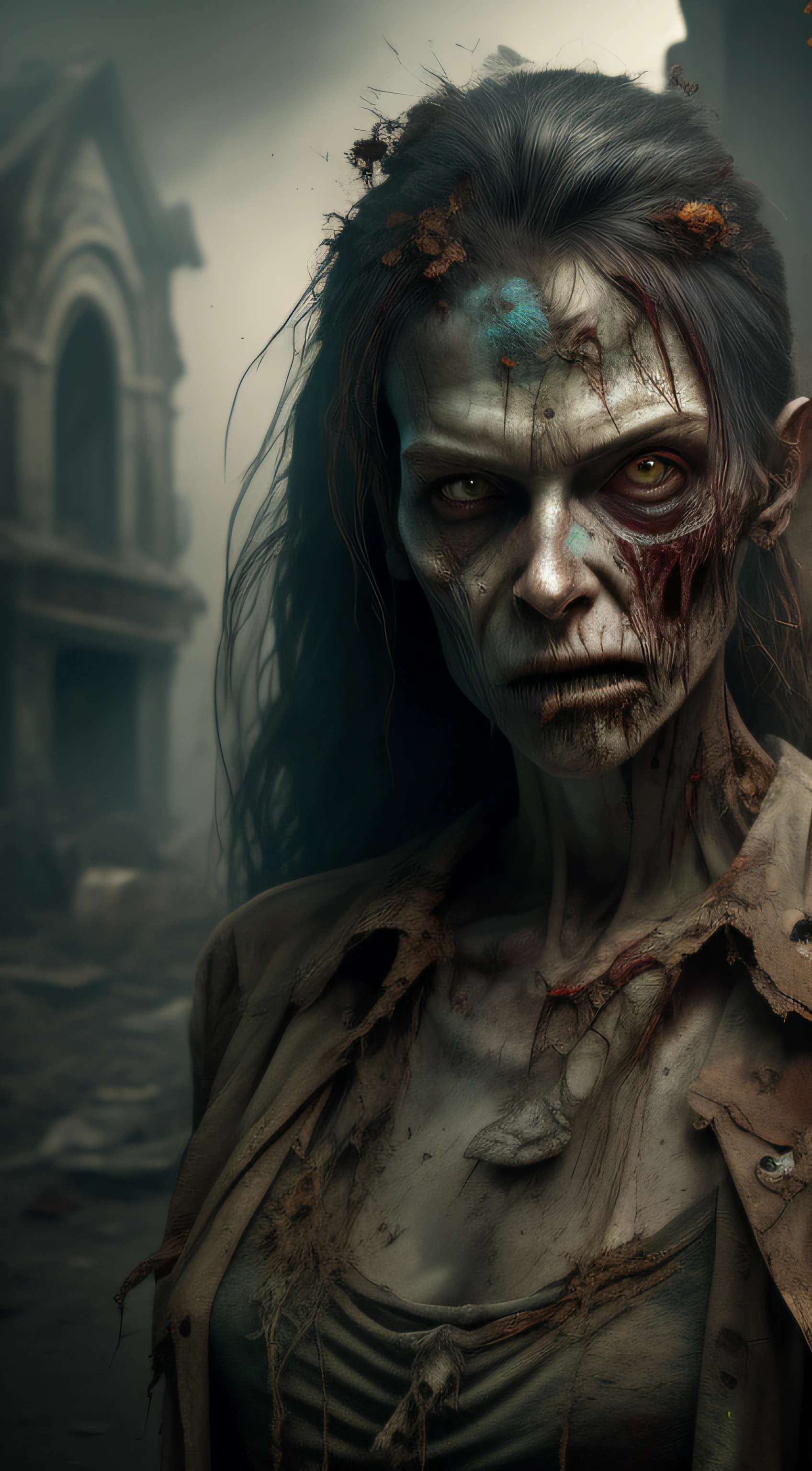zombie, tattered ruined clothes, dead rotting skin on the face, dirty muddy hair, extremely detailed dried rotting peeling dead skin, malnourished woman, blind, wide angle, detailed environment, detailed background, highly detailed, intricate, detailed skin, natural colors, professionally color graded, photorealism, 8k, moody lighting, art by George Pfau