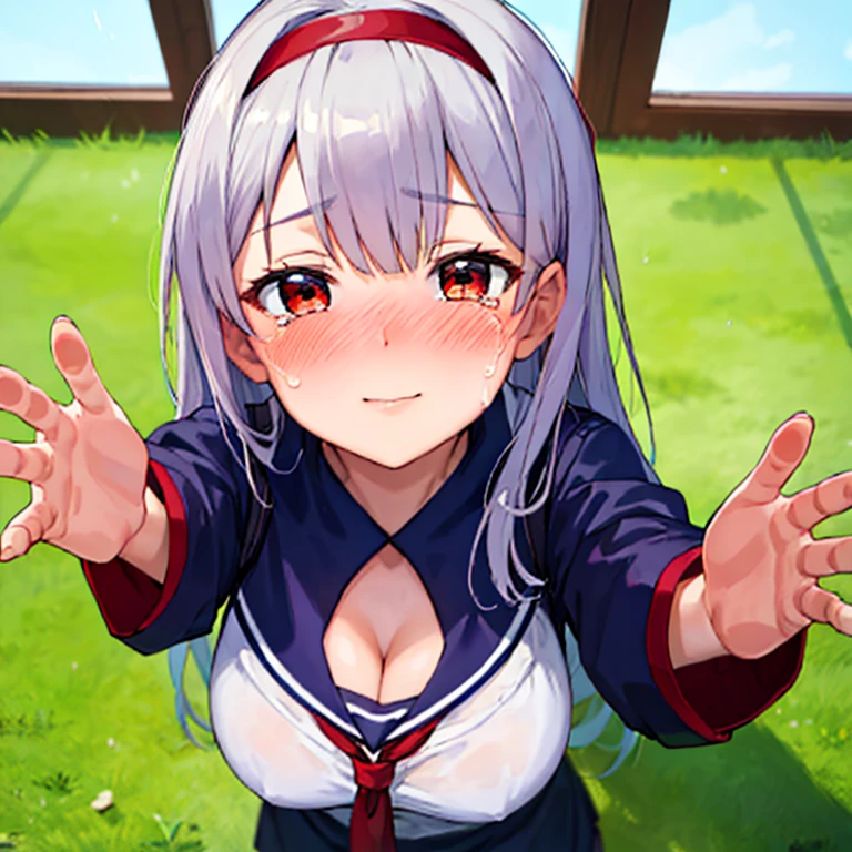 kasumigaokautaha, ( INCOMING HUG, INCOMING KISS, kindly romantic face:1.5, tears:1.5, courtesy pose:1.5, kindly eyes:1.2, upturned eyes:1.5, kissing:1.5, bowing:1.2, cleavage, gigantic huge breasts:1.5, turning red in the face, embarrassed smile, crying, blushing, white breasts on glass, looking up at viewer, portrait, front view:1.5, ultra close distance upper body shot:1.2), 
utaha kasumigaoka, black hair, hairband, long hair, (red eyes:1.5), 
BREAK long sleeves, school uniform, skirt, pantyhose,
BREAK looking at viewer,
BREAK indoors, classroom,
BREAK (masterpiece:1.2), best quality, high resolution, unity 8k wallpaper, (illustration:0.8), (beautiful detailed eyes:1.6), extremely detailed face, perfect lighting, extremely detailed CG, (perfect hands, perfect anatomy),