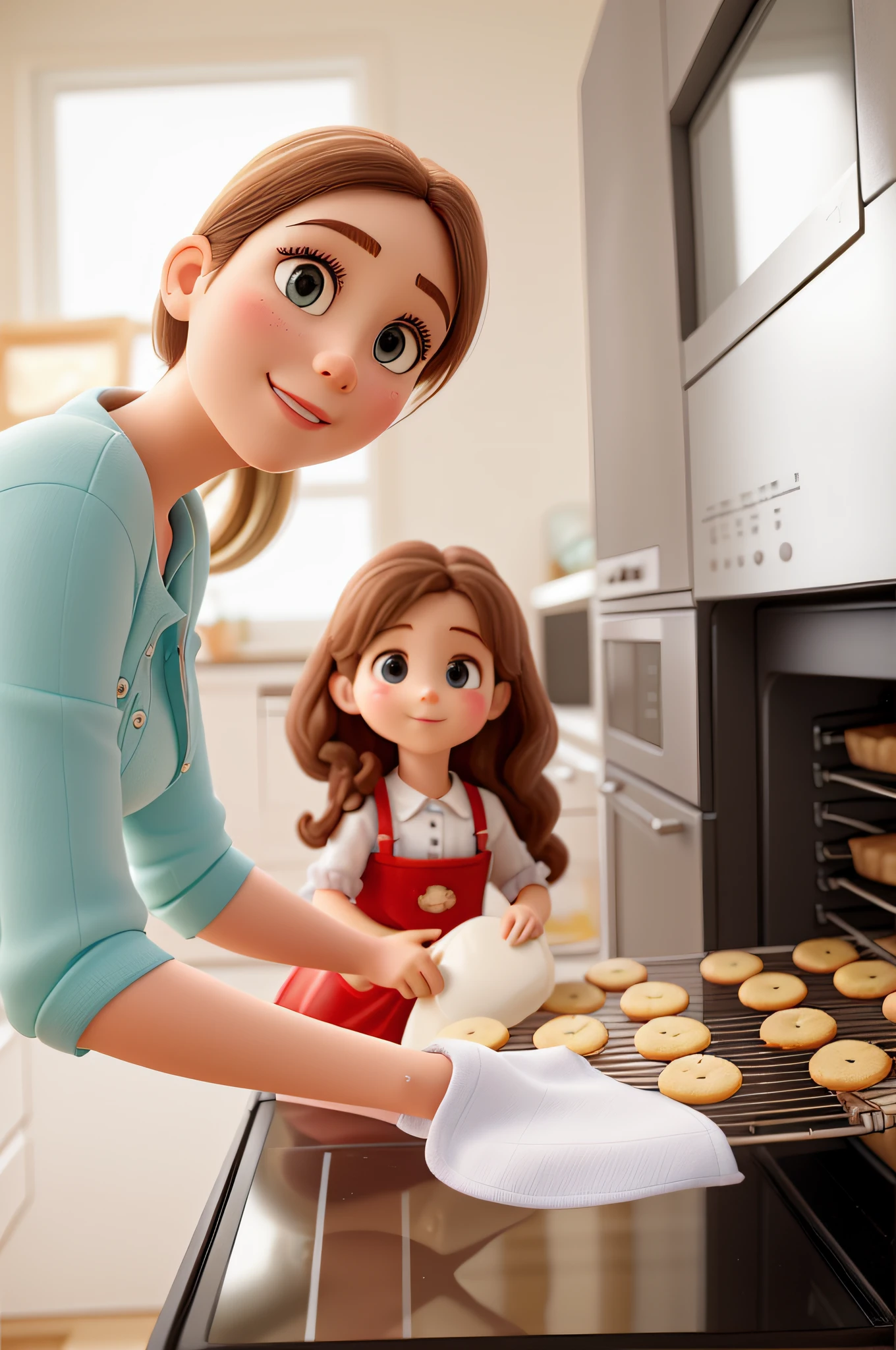 woman and child baking cookies in oven with oven door open, baking cookies, award-winning masterpiece, professional, fine detailing, oven, powerful detail, an award winning masterpiece, outstanding detail, warm and joyful atmosphere, professionally, in a kitchen, perfect detail, exquisite detail, baking artwork, professional quality, advanced technology, domestic, special, subtle detailing