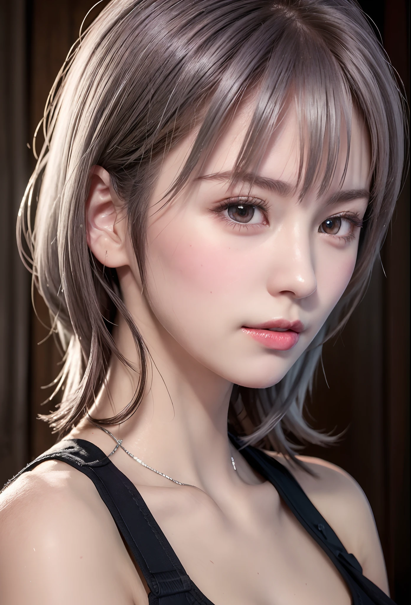 (8K, Photorealistic, Raw photo, of the highest quality: 1.3), (1girl in), Super beautiful, (Realistic face), (boyish, Silver Color Berry Shorthair), Beautiful , Glare that captivates the viewer, Beautiful expression, Beautiful breasts, (Realistic skin), Beautiful...